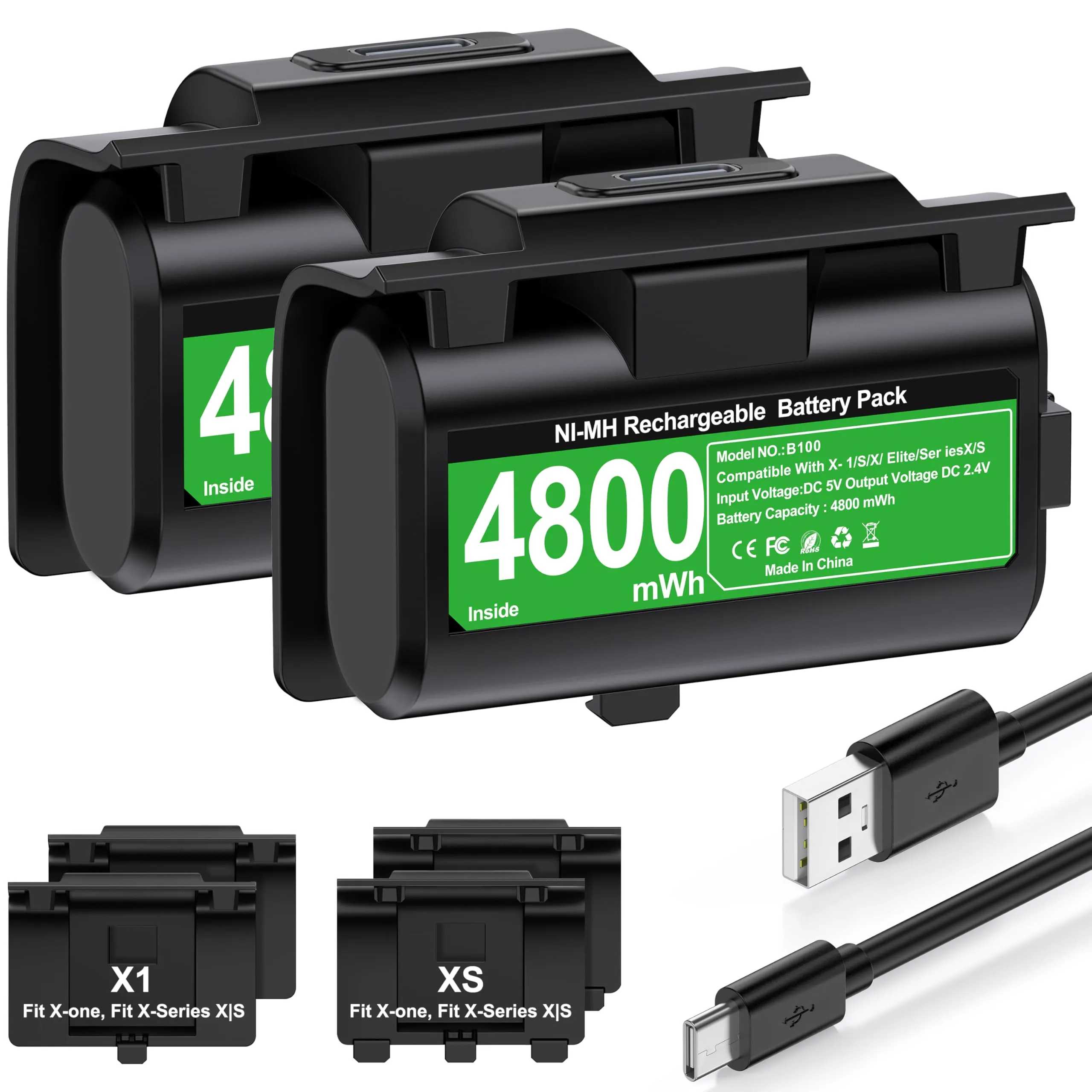 2 batterie da 3600 mWh per controller Xbox, Play & Charge Kit per controller Xbox Series X, batteria ricaricabile con 12 ore di gioco/indicatore LED, compatibile con Xbox Series X/S, Xbox One