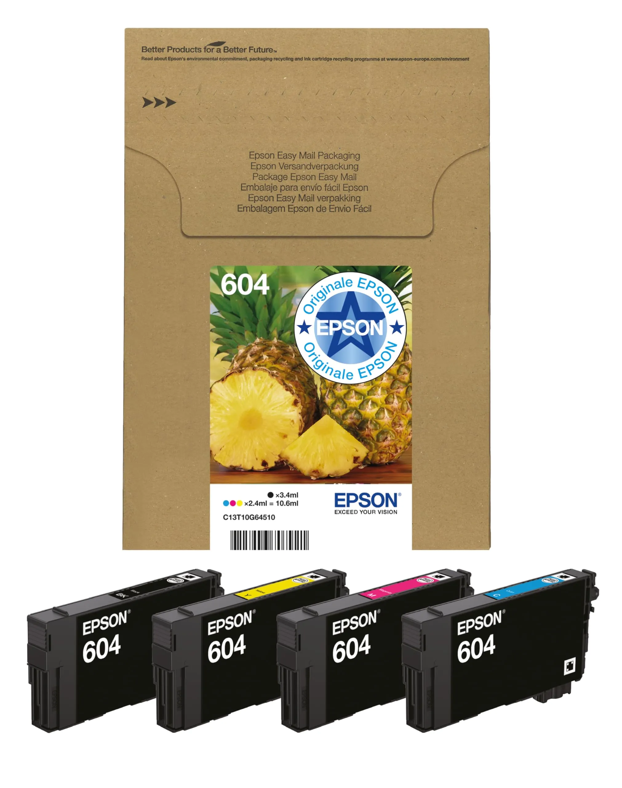 Epson 604 Serie Ananas - Cartucce per stampante getto d'inchiostro, Multipack 4 colori (Nero, Ciano, Magenta, Giallo), Formato STD, Stampe affidabili casa e ufficio, Confezione EasyMail