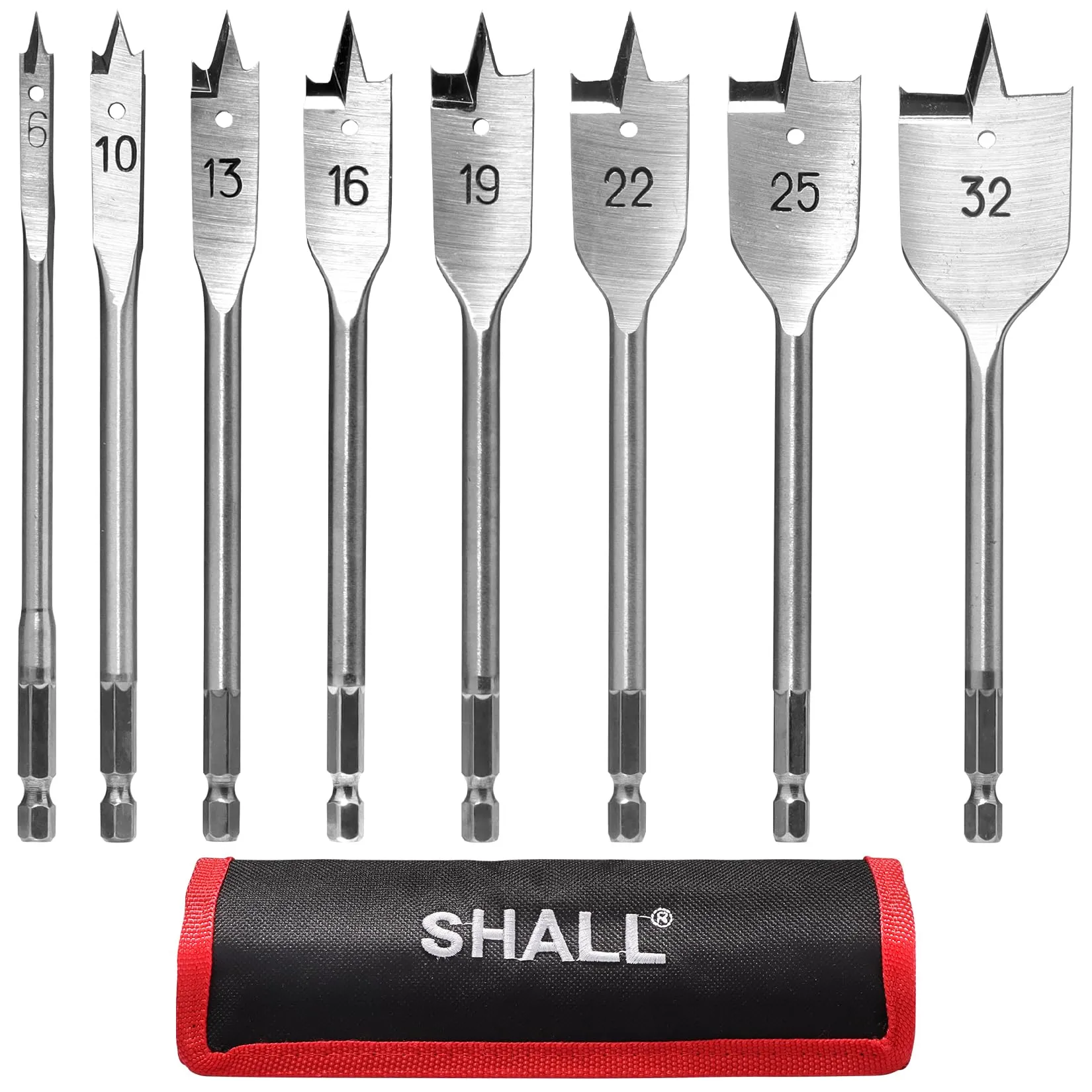 SHALL- Set di punte piatte per legno, 8 pezzi, codolo esagonale a cambio rapido da 1/4", Ø 6-32 mm, punta da trapano per legno piatta, con custodia