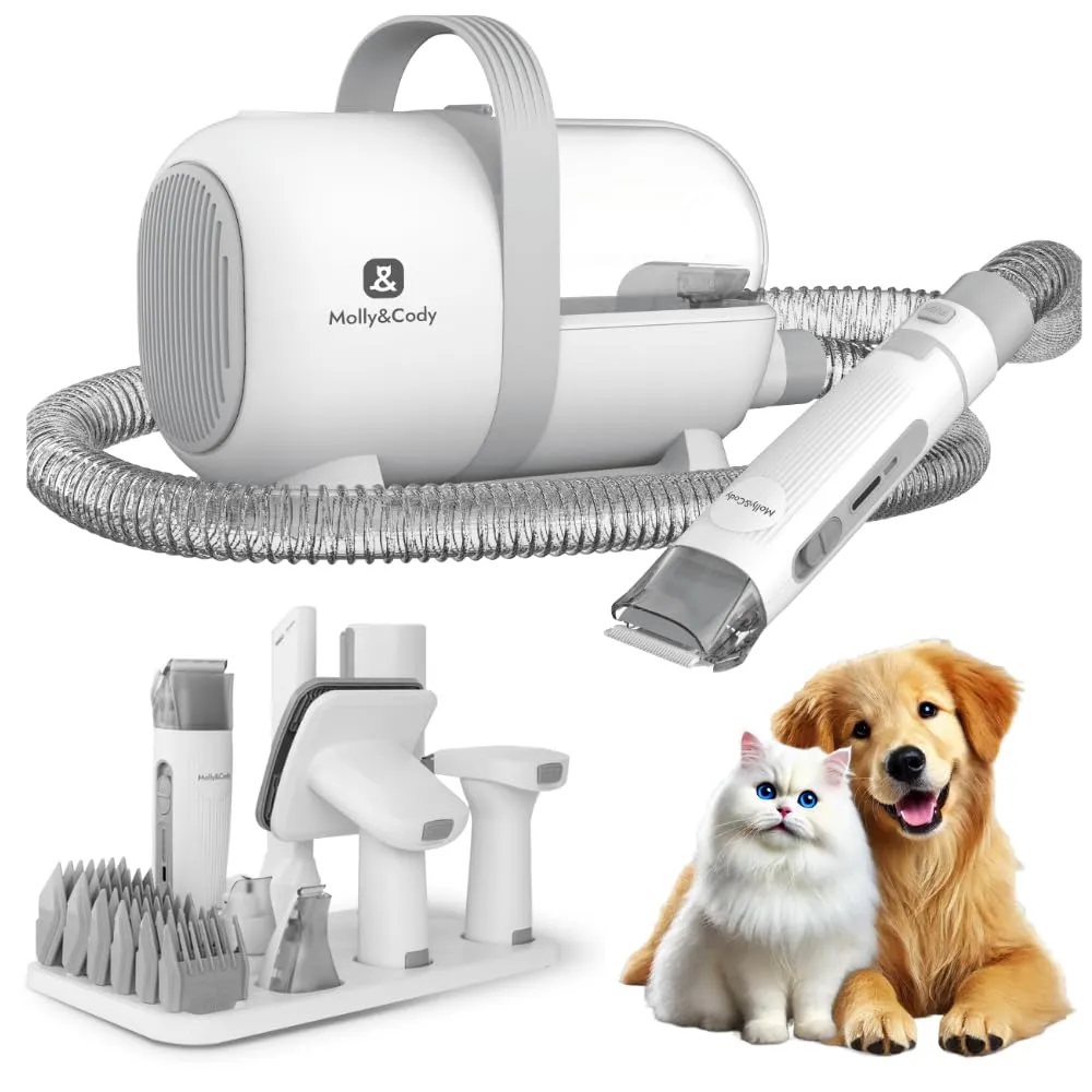 Molly&Cody Samson, Set di tosatrici a Pelo 7 in 1 con aspirazione peli di Animali per Cani e Gatti (6 Accessori, Potenza di aspirazione Efficace e ridotta del Volume per assorbire Il 99% dei peli di
