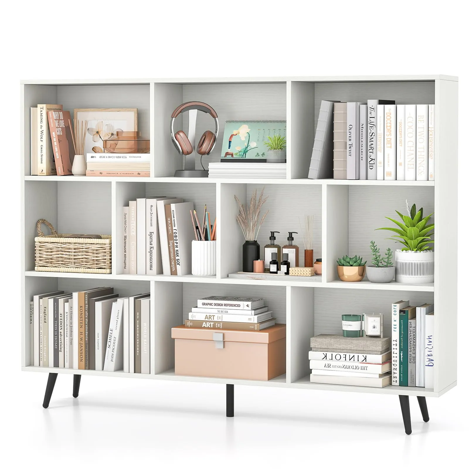 COSTWAY Libreria a 10 Cubi, Organizzatore di Stoccaggio Moderno con 5 Gambe di Metallo, Scaffale per Esposizione con 2 Kit Anti-Ribaltamento per Soggiorno Studio Camera da Letto, Bianco (140x24x107cm)