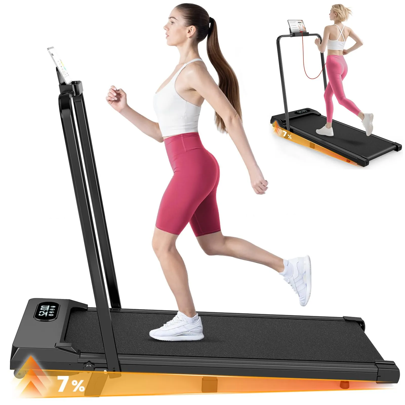 Tapis roulant salvaspazio, 1-8km/h, 2.5HP, Schermo LCD ad alta definizione, 2 metodi di controllo, Walking pad mini, Carico massimo di 120 kg, Tapis roulant elettrico (Black)