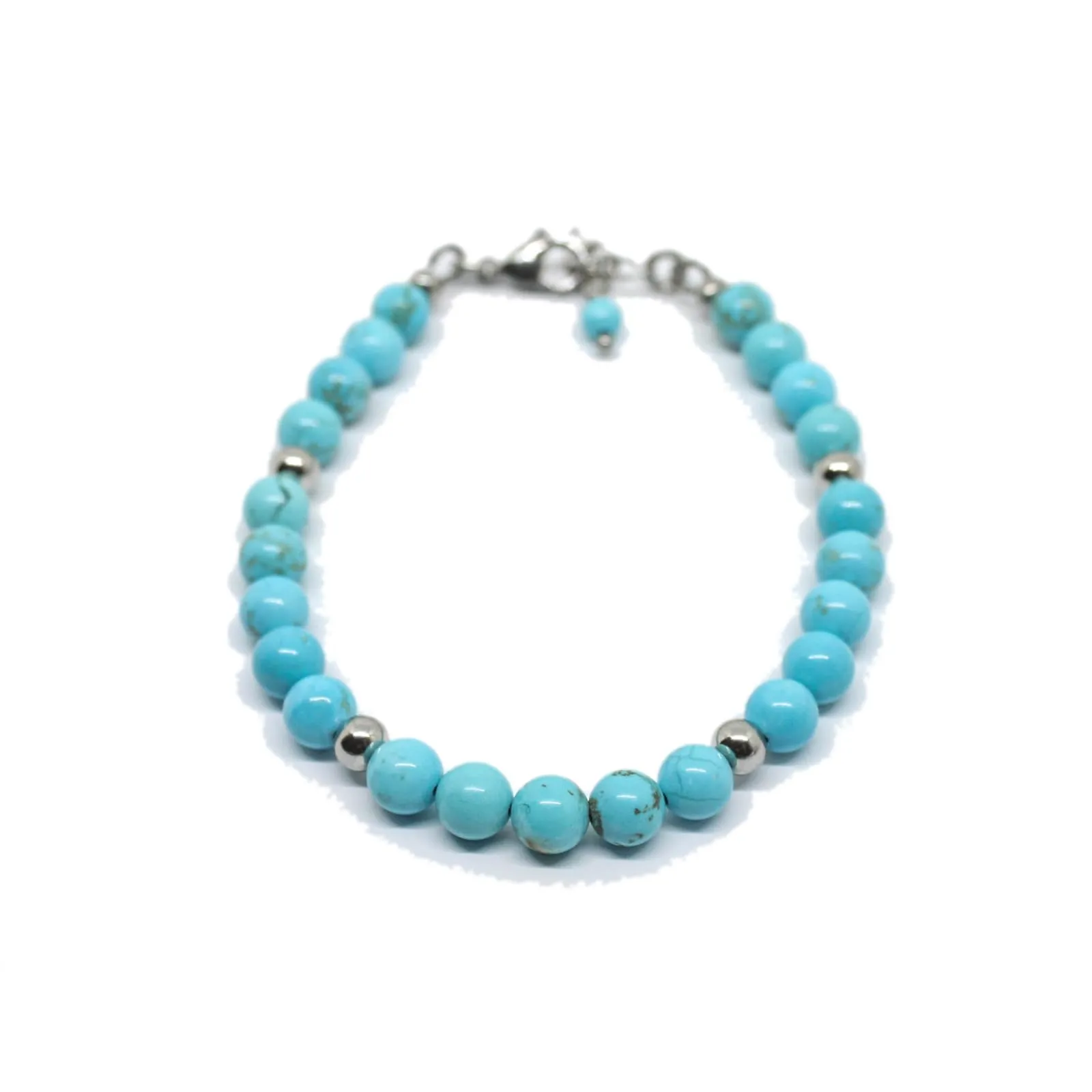 Bracciale uomo con perle di turchese da 6 mm e chiusura a moschettone