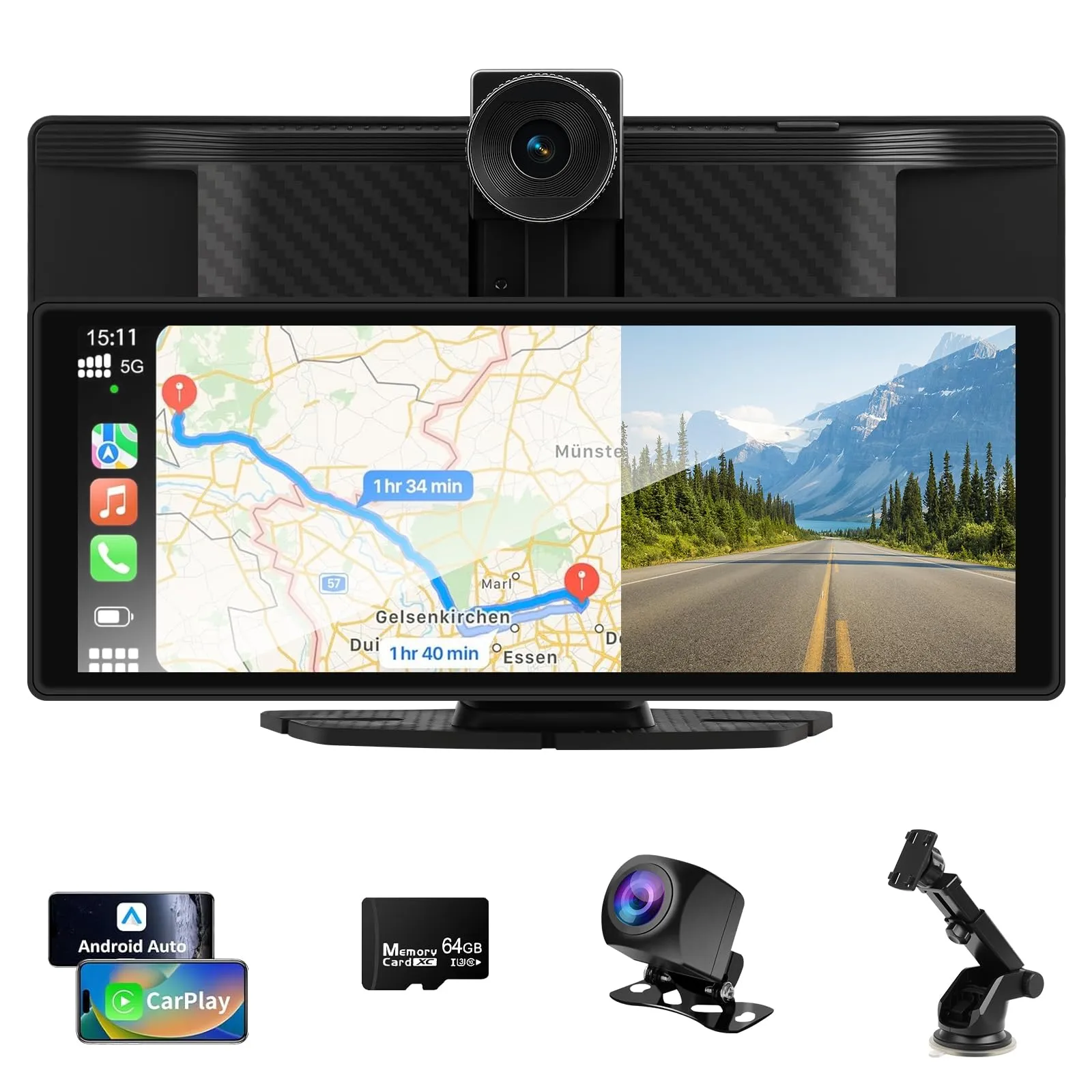Display Carplay da 10,26 pollici - Display wireless Android Auto Car Play con dashcam 4K, telecamera posteriore 1080P, touchscreen IPS, Bluetooth Mirror Link, schermo diviso, radio FM/AUX, 64G TF