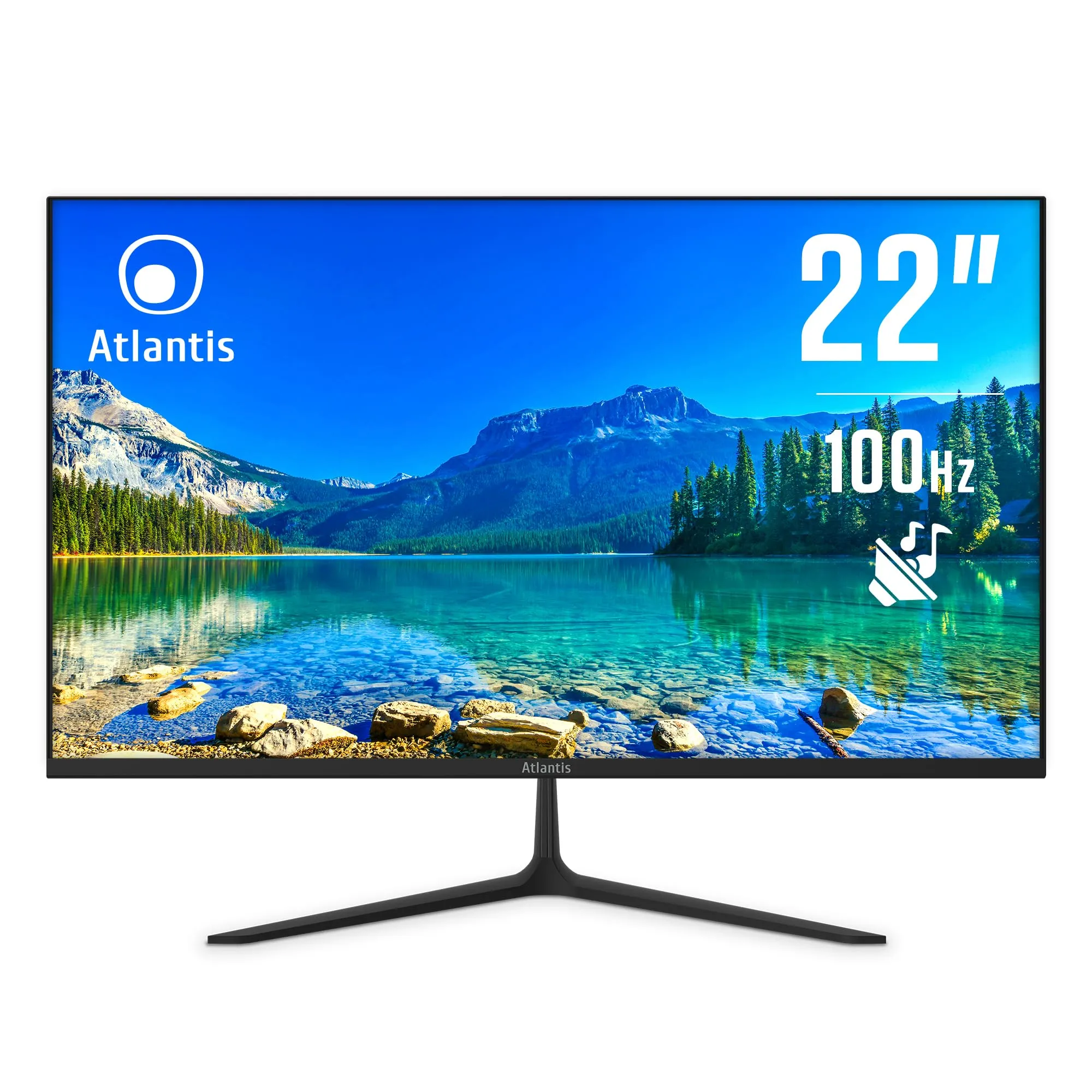 ATLANTIS Monitor 22 pollici, schermo 22" VA 100Hz, Full HD 1920x1080, VGA HDMI, MULTIMEDIALE, FreeSync, Uscita Audio/Cuffie inclinabile, risposta 5ms, Contrasto 3000:1, Angolo 178/178, Cavo HDMI 1,5m
