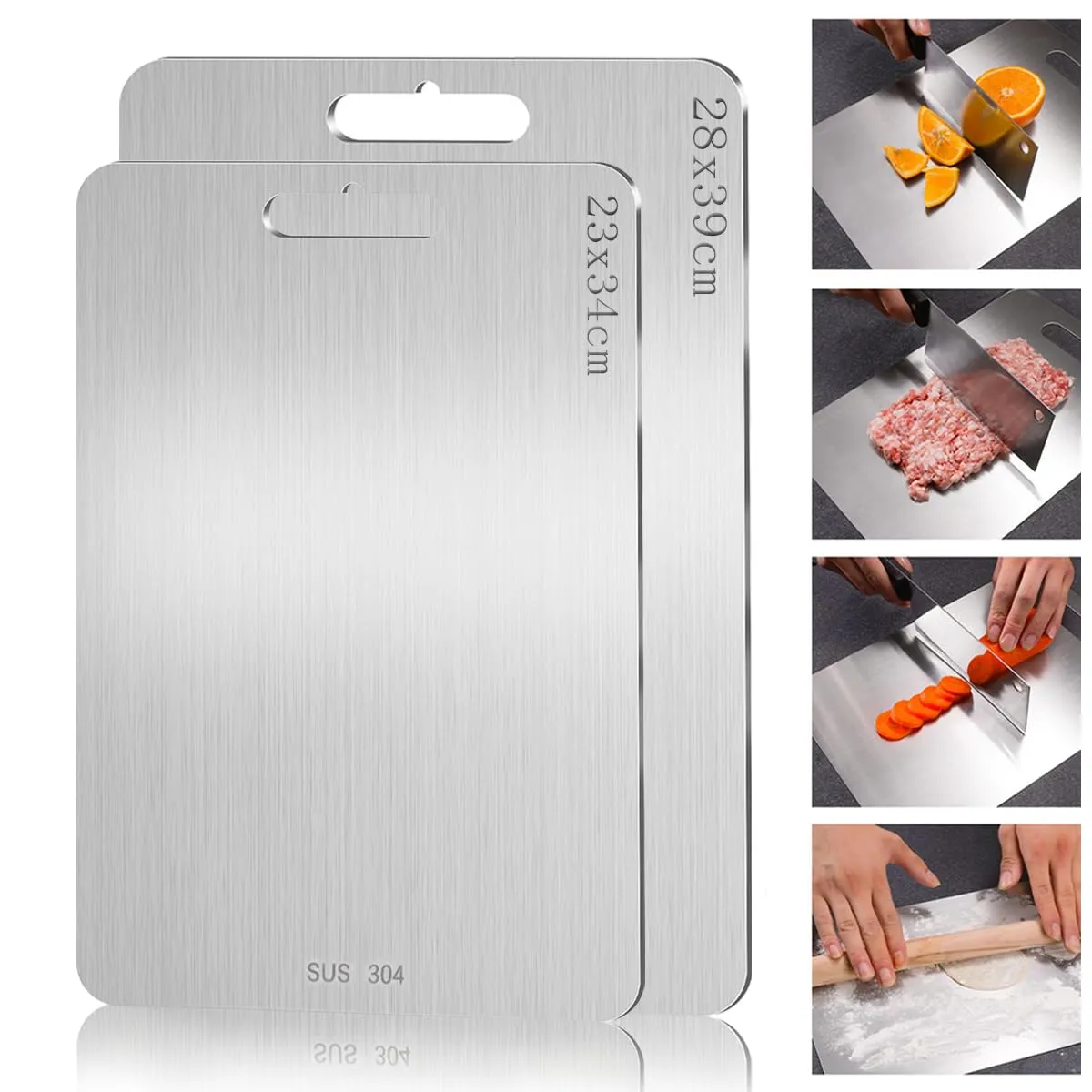2 Pezzi Tagliere in Acciaio Inox Multifunzione, per Uso Alimentare Su Entrambi I Lati, per Carne, Frutta, Verdura