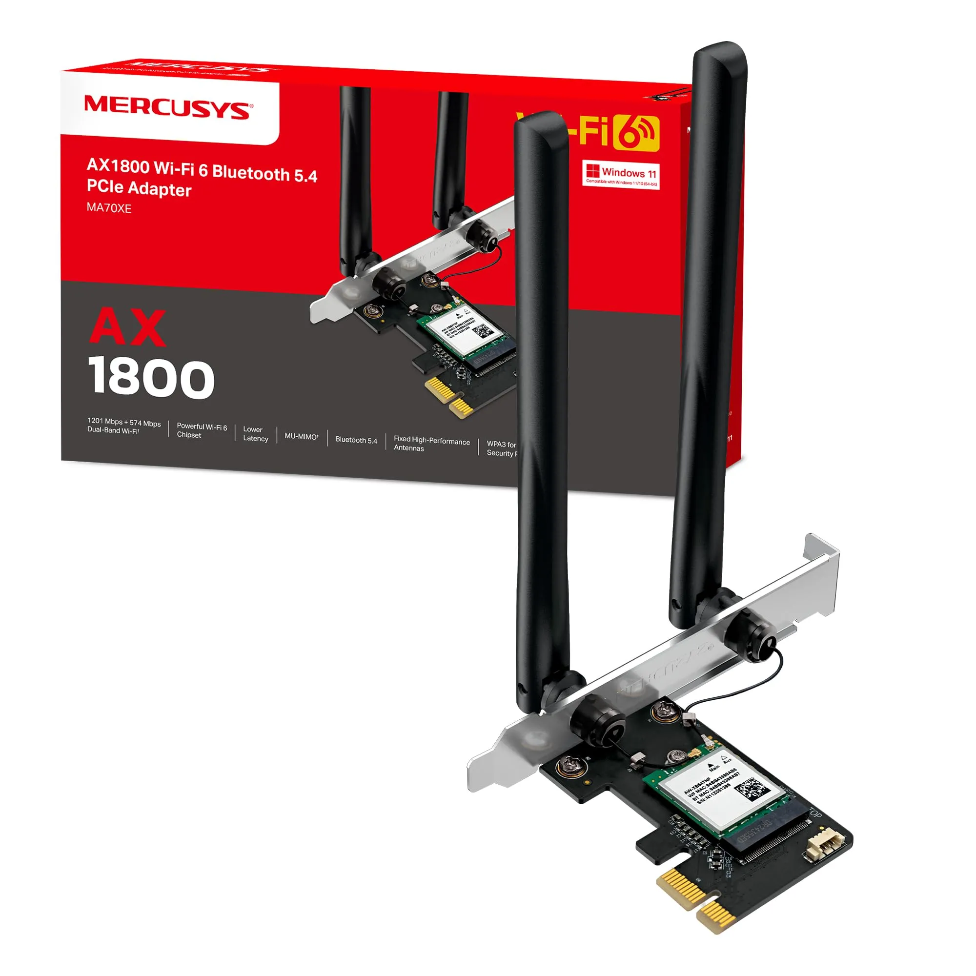 Mercusys TP-Link MA70XE PCIe WiFi 6 AX1800Mbps, Bluetooth 5.4, Chipset Intel, Compatibile con Windows 10/11, OFDMA, MU-MIMO, WPA3, Non Comportabile con il Supporto a Basso Profilo