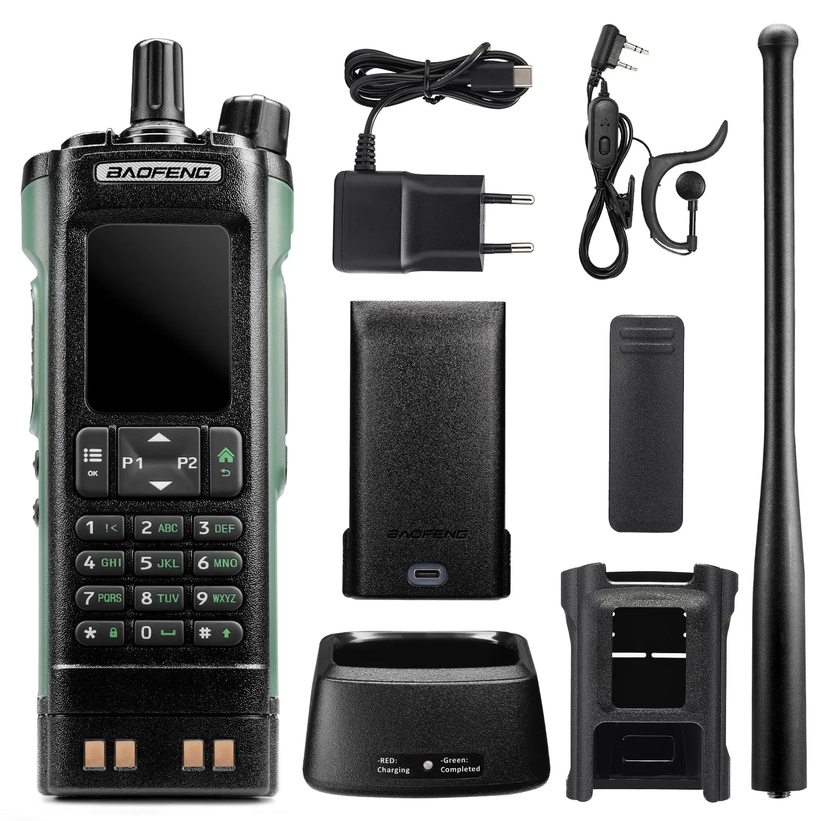 Radio BAOFENG DM-32UV DMR 10W, radio portatile UHF/VHF/AM/FM con GPS e APRS digitale, doppio slot Tier II, display a colori da 2", 4000 canali, 50000 contatti, custodia, verde
