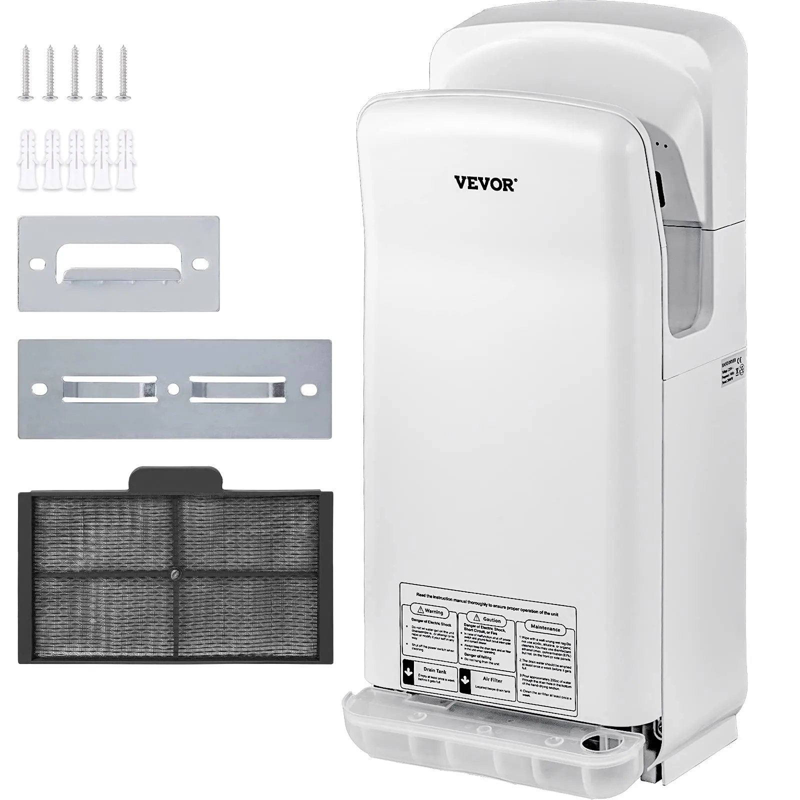 VEVOR Asciugamani Elettrico 2000W Verticale, Asciugamani Automatico Elettrico con Filtrazione HEPA, Asciugamani ad Aria Calda a Temperatura 43℃ in Bianco per Asciugare Le Mani Velocemente