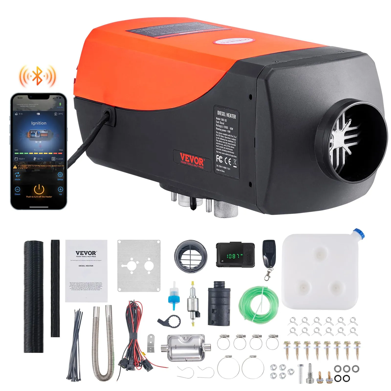 VEVOR Riscaldatore d'Aria Diesel per Auto Camper Camion 12V 5-8KW Temperatura Regolabile 8℃-36℃ Controllo Bluetooth Riscaldatore da Parcheggio per Auto Consumo di Carburante 0,16-0,52L/h BTU 15-20m²