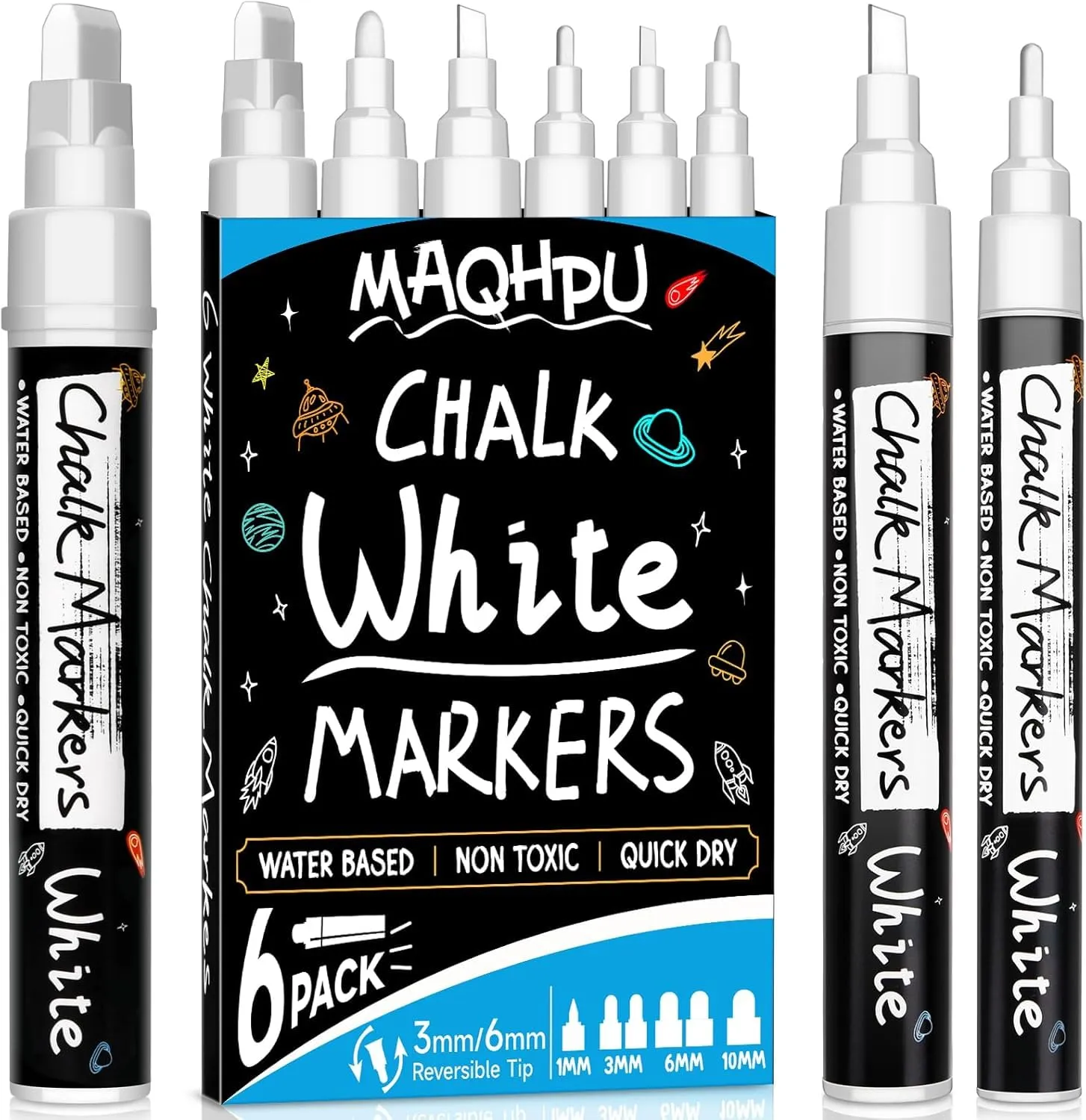 Maqhpu Pennarelli Gesso Liquido Cancellabili, 6 Pennarello Bianco per Vetro & Lavagna, Pennarello Lavagna Cancellabili per Vetro e Barattoli di Spezie(1mm, 3mm, 6mm, 10mm)