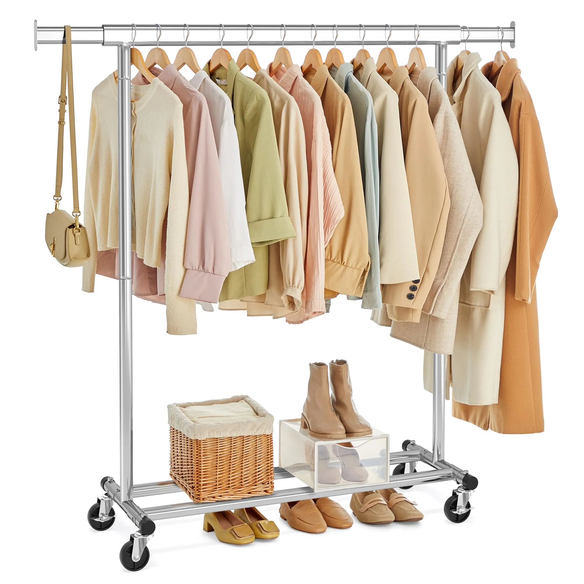 SONGMICS Stand Appendiabiti con Ruote, Attaccapanni Estensibile per Carichi Pesanti, Portata Totale 100 kg, 45 x (92-132) x 161,5 cm, Facile da Montare e Spostare, Argento HSR13S