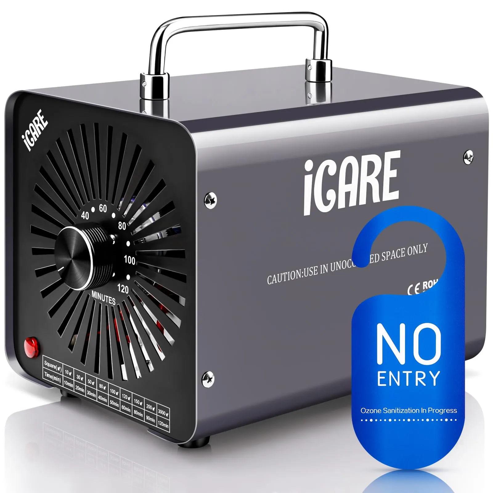 ICARE Generatore di Ozono Professionale 30000mg/h, Purificatore d'Aria Deodorante per 300㎡, Macchina Ozono Alta Capacità O3 con Timer 120 Min, Ozonizzatore per Casa Ambienti, Auto, Uffici, Hotel