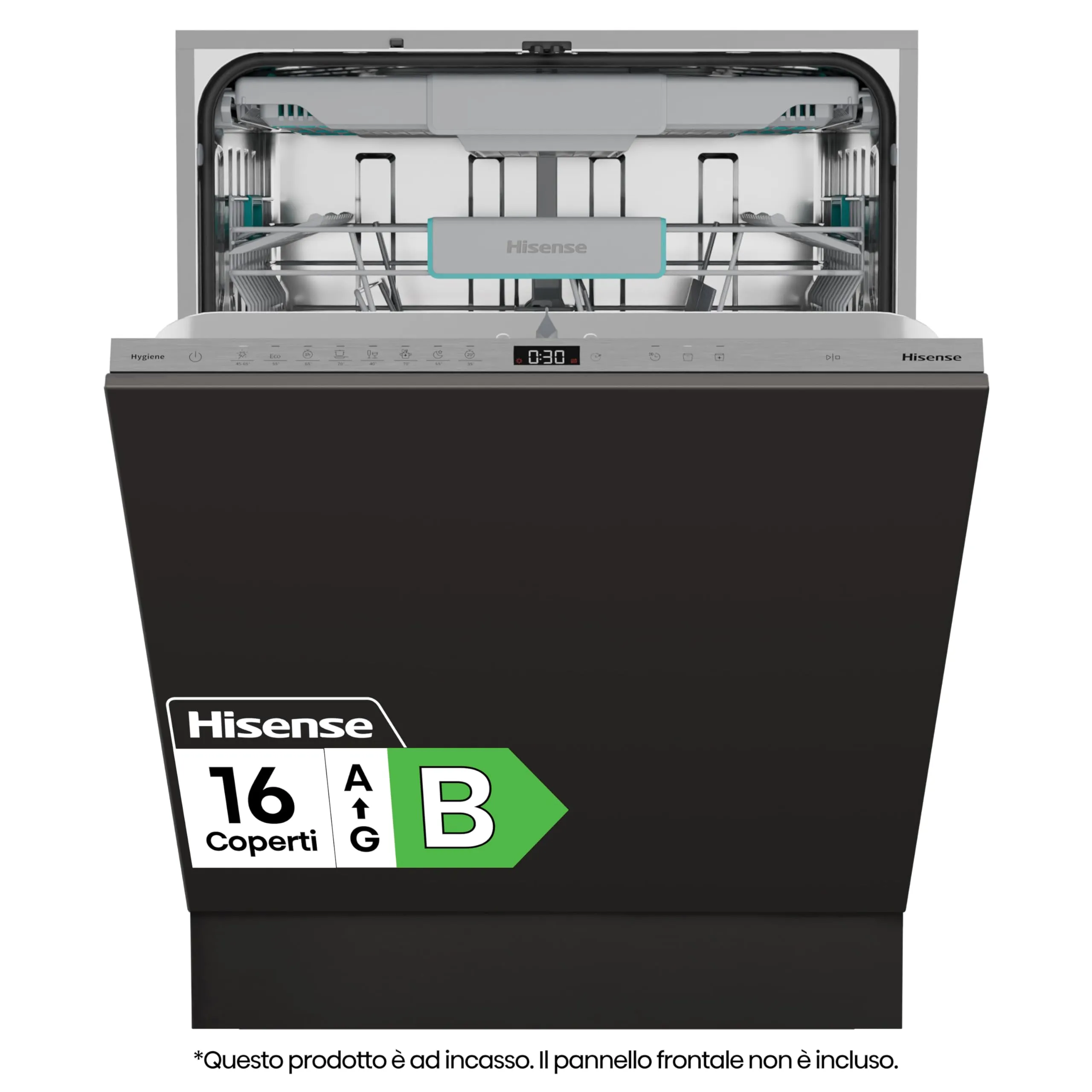 Hisense HV16B, Lavastoviglie integrata, Classe B, 16 Coperti, 40db, 8 programmi, controllo touch, fast cleaning, Apertura automatica della porta, Indicatore del tempo rimanente, 9,5L