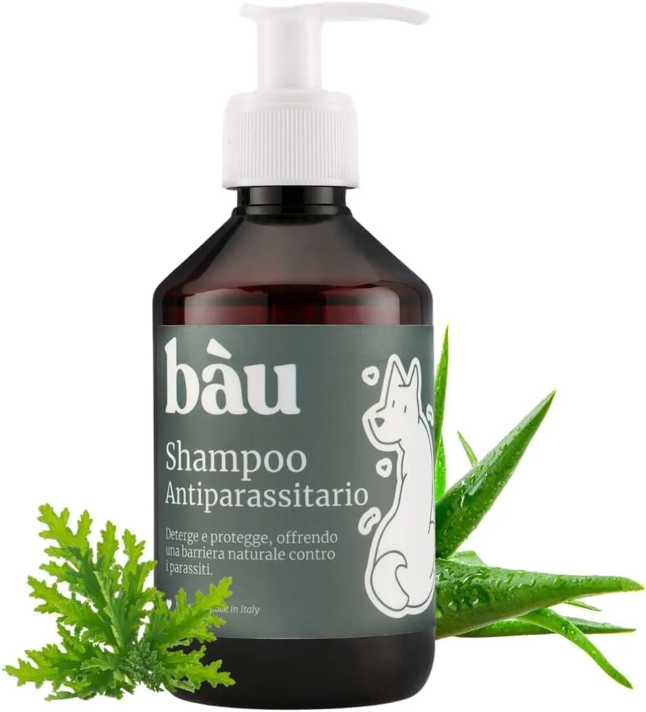 Bau Cosmesi Shampoo Antiparassitario per Cani con Olio di Neem e Aloe Vera, Protezione 100% Naturale Contro Pulci e Zecche, Shampoo Antipulci per Cani e Gatti Delicato sulla Pelle (250ml)