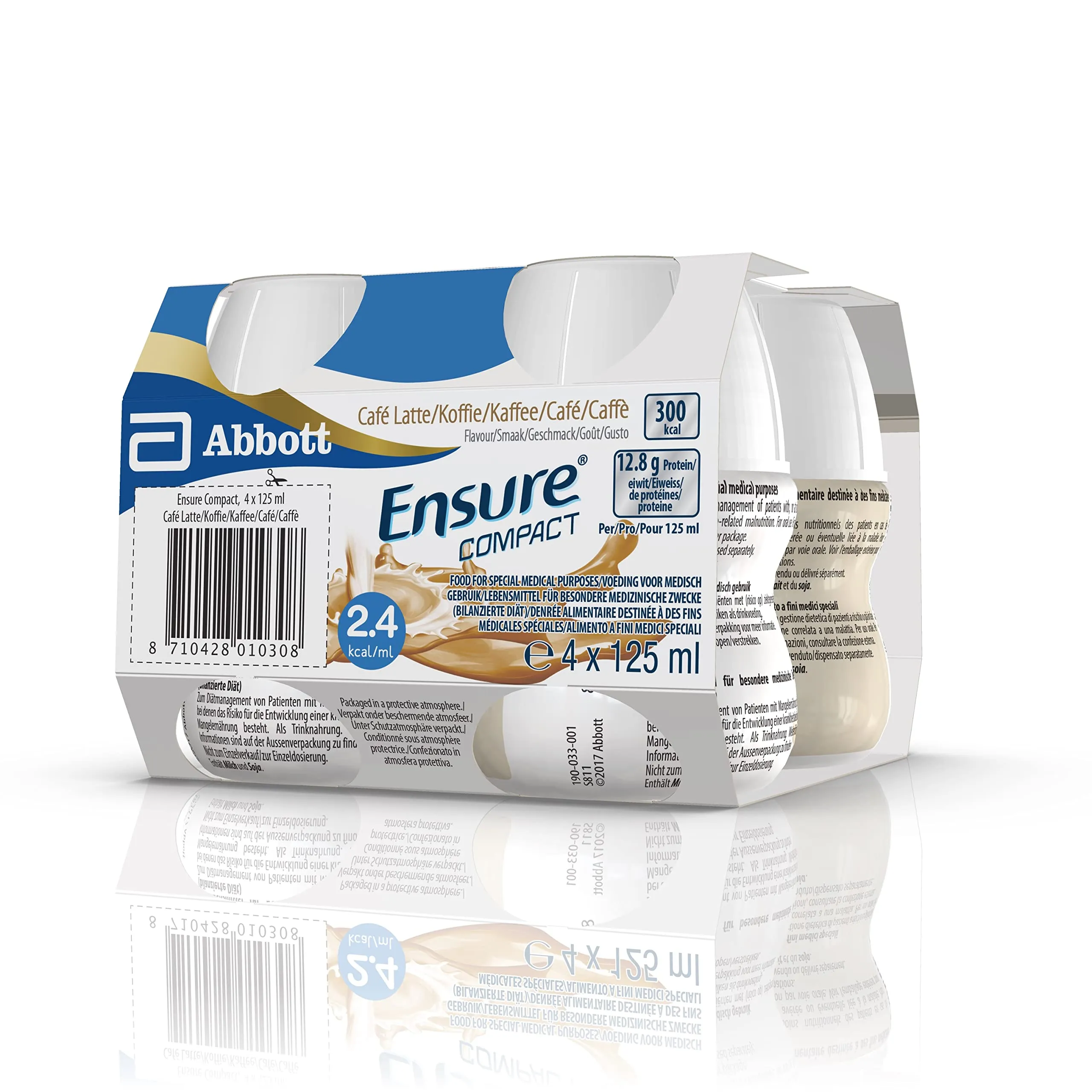 Ensure Compact Alimento a Fini Medici Speciali ad Alta Densità Calorica Formato Bevanda, Supplemento Nutrizionale Completo e Compatto, Confezione 4x125ml, Gusto Caffè