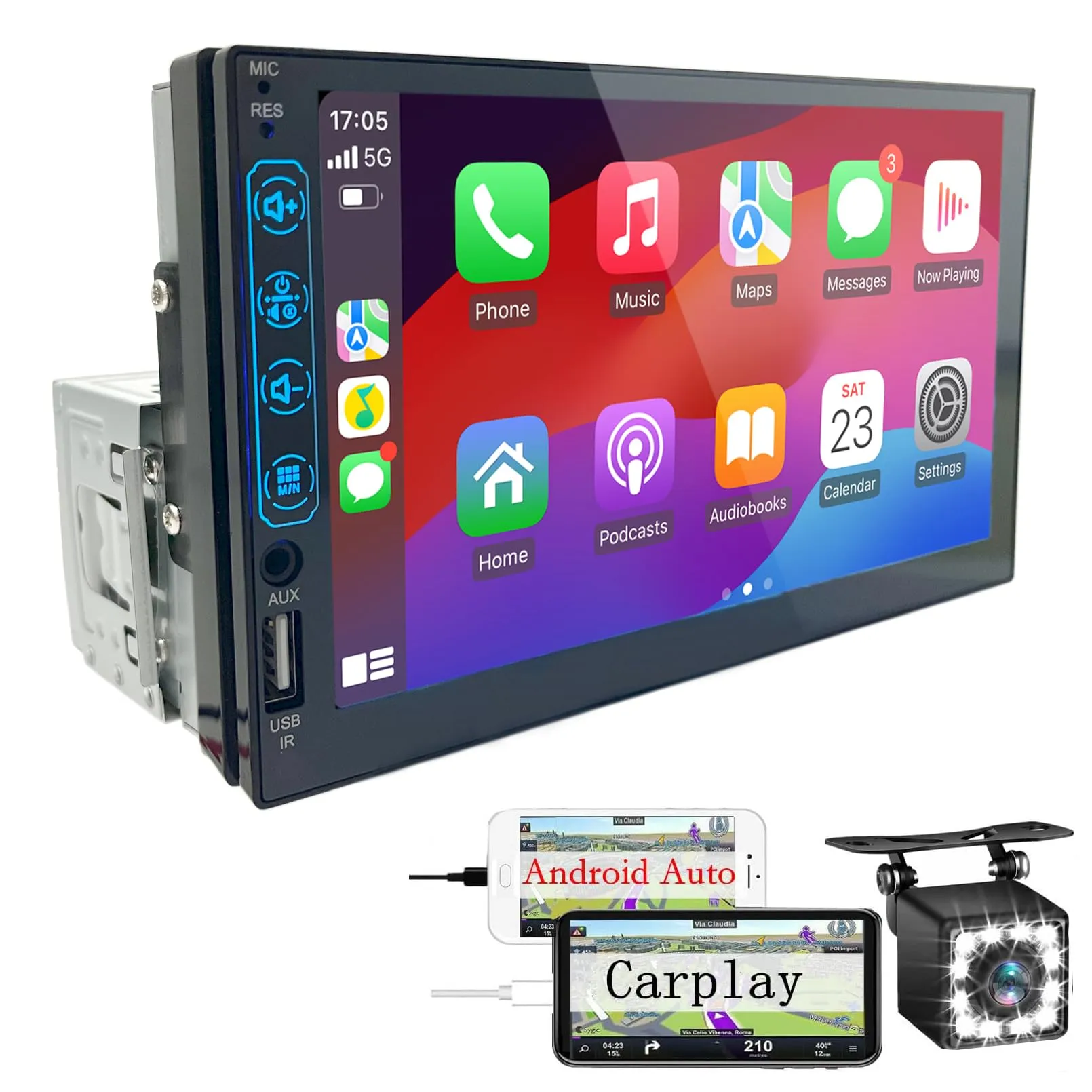 Autoradio 1 DIN con Schermo CarPlay & Android Auto – 7 Pollici Touchscreen Stereo Auto con Schermo, Radio Bluetooth Auto con Mirror Link/USB/FM, Supporta Telecamera Posteriore
