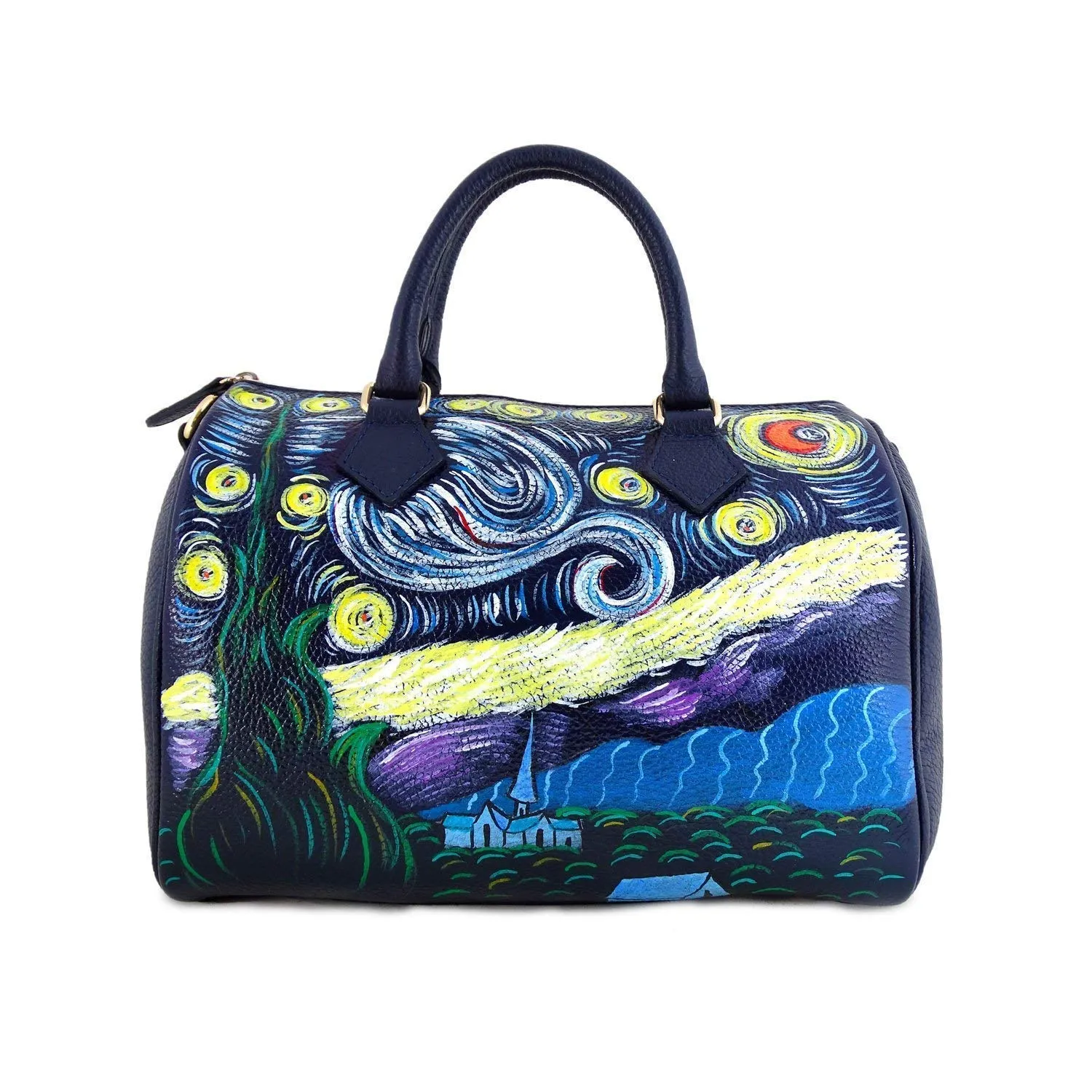 Borsa in pelle dipinta a mano – LA NOTTE STELLATA DI VAN GOGH - Borse Donna, Borse a Mano, Vera Pelle, Made in Italy, Borsa bauletto, Tracolla con manici, Lavorazione Artigianale