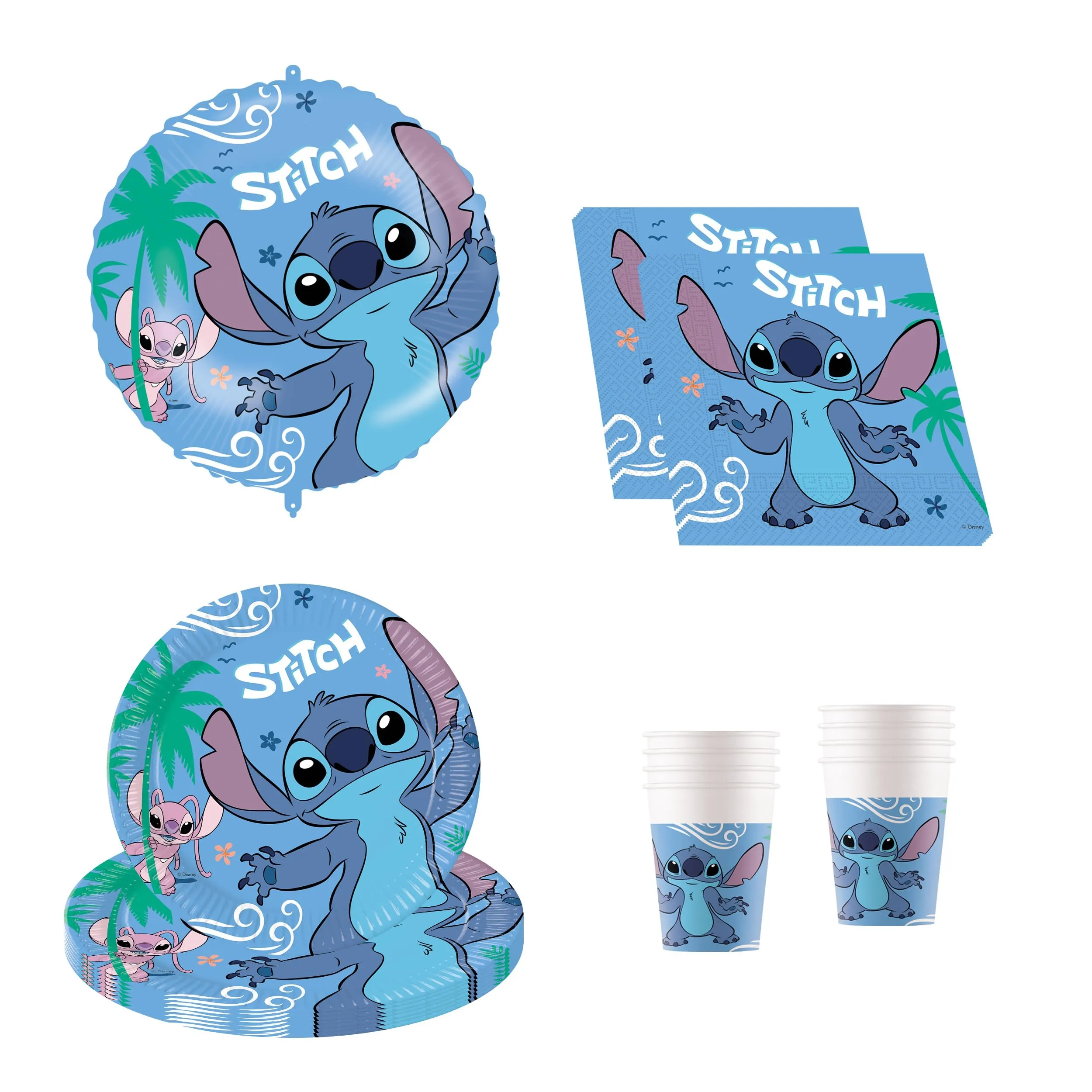 Procos - Stoviglie per feste Disney Stitch, decorazione per compleanno da 37 pezzi, include 8 piatti di carta, 8 bicchieri di carta, 20 tovaglioli e un palloncino di carta stagnola