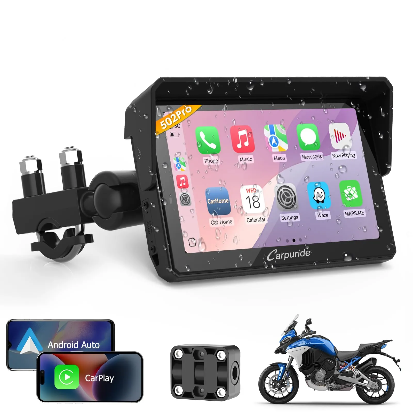 Carpuride W502PRO per CarPlay per Moto e Android Auto e Doppio Bluetooth - Navigazione GPS Impermeabile da 5 pollici per Moto, Condivisione di Musica, Interfono, EQ, Sensore di Luce, Bussola, Barometr