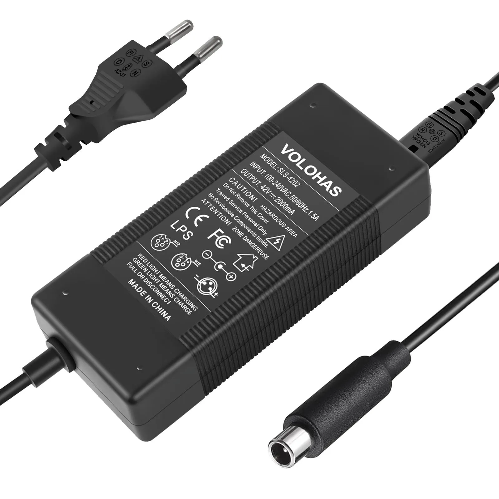 VOLOHAS Caricabatterie per Xiaomi M365 / Segway Ninebot Max G30/G30LP/G2/G2D/ES1/ES2/E25/f20d/f30d/f40d accessori scooter elettrici, 42V 2A, adattatore caricatore input: 100-240V AC, 50/60Hz, 1.5A