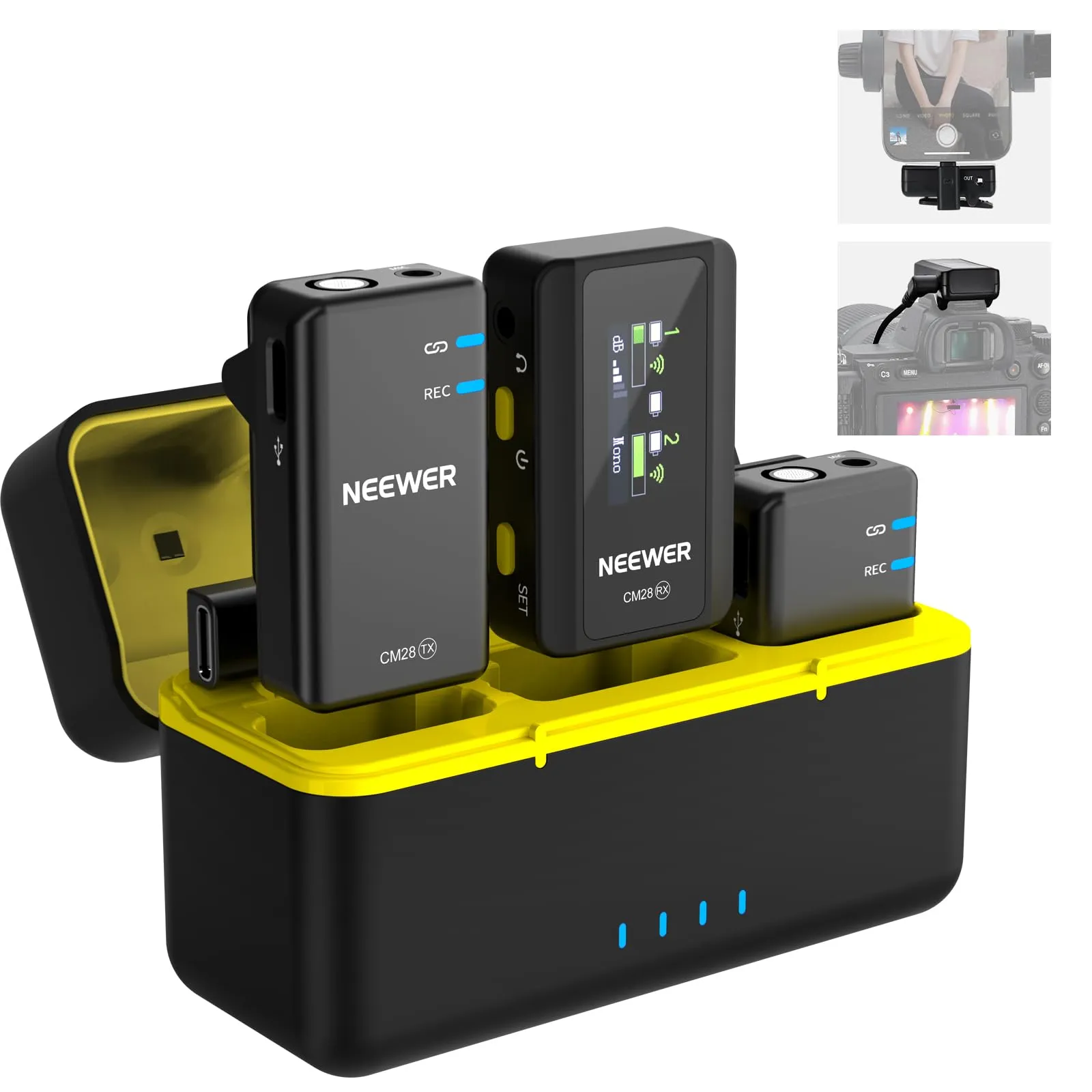 NEEWER CM28 (1 RX + 2 TX + custodia ricarica), microfono lavalier wireless,Anti Rumore, registrazione non compressa a 48 kHz/16 bit per 9 ore, portata 200 m, Compatibile con iPhone/Android/ Fotocamera