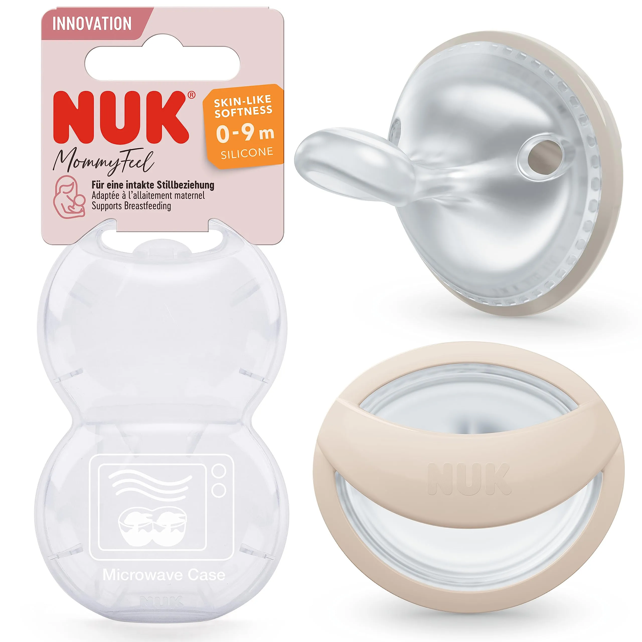 NUK Ciuccio MommyFeel | per una relazione intatta di allattamento | silicone senza BPA | 0-9 mesi | 2 pezzi | grigio e beige