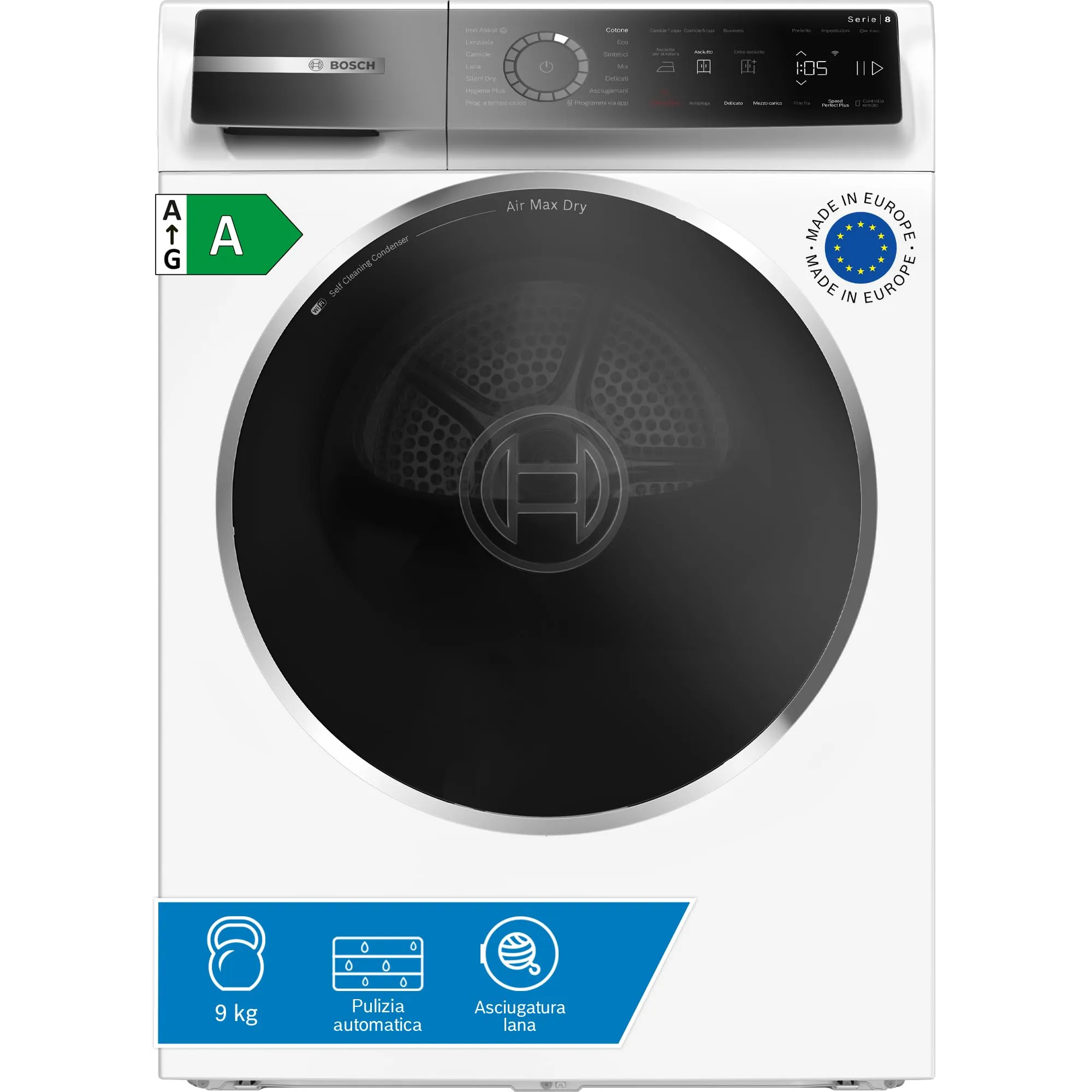 Bosch WRB247C0IT Serie 8 Asciugatrice smart a pompa di calore, 9 kg, Classe energetica A, Condensatore autopulente, Sensori di asciugatura intelligenti, Riduce le pieghe, Bianco, 60 Cm