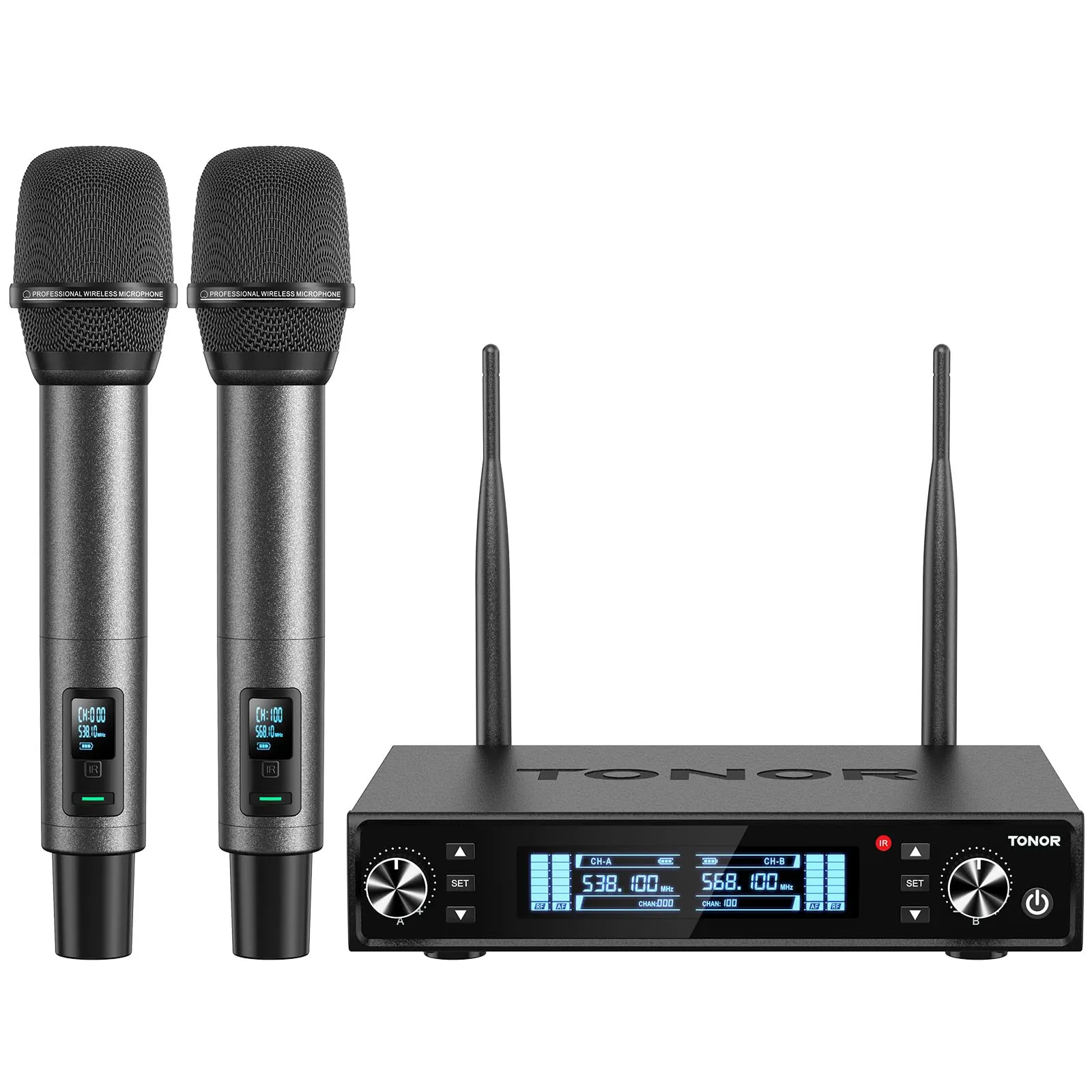 TONOR Sistema Microfono Wireless, Microfono Ricaricabile Professionale, Microfono Dinamico Cordless in Metallo 2x100 UHF per Karaoke, Chiesa, Canto, Matrimonio, Riunione, DJ, Auto Scan, 80m,TW550