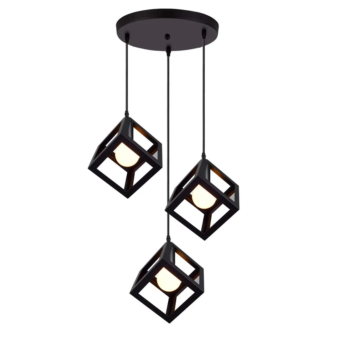 iDEGU 3 Luci Lampadario a sospensione moderno a Forma di Cubo Stile Geometrico E27 Lampada da Soffitto Vintage in Metallo per camera, soggiorno, sala da pranzo - 16cm (Nero, 30CM Base)