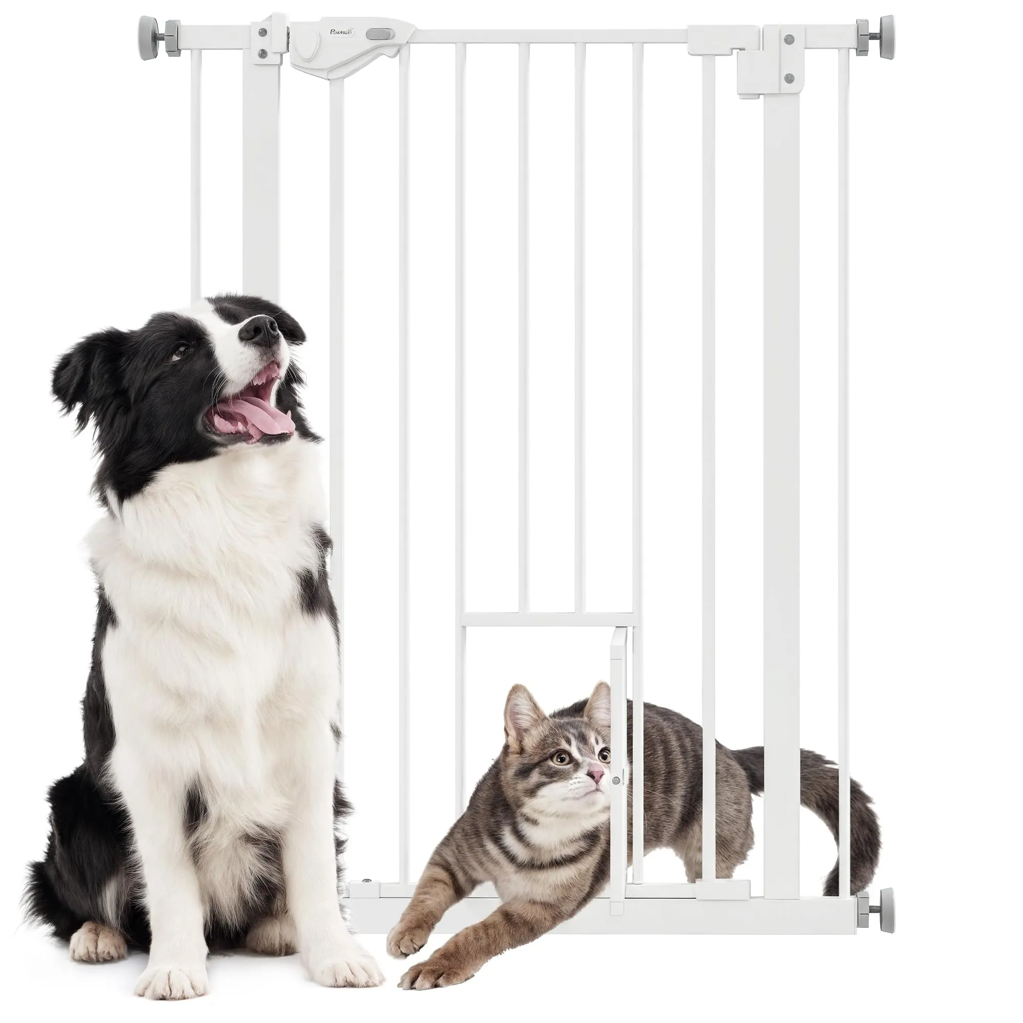 PawHut Cancellino per Cani Regolabile con Porta Piccola e Montaggio a Pressione, Barriera per Cani con Chiusura Automatica, 74-80x91.4cm, Bianco