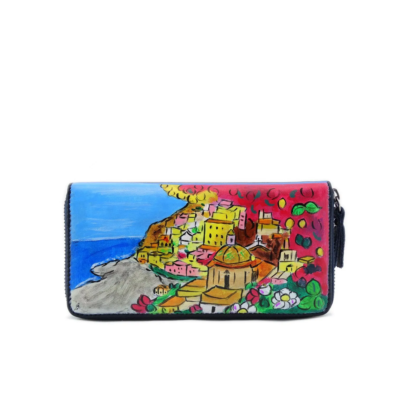Portafoglio in pelle dipinta a mano – POSITANO - Portafogli Donna, Vera Pelle, Made in Italy, in Pelle Dipinta, chiusura con cerniera lampo, porta carte credito, Lavorazione Artigianale