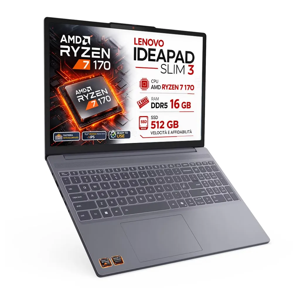 Lenovo, pc portatile Notebook, i7 13620H 13Th, DDR5 32Gb, Display WUXGA 16" IPS FHD+, SSD 1Tb (2 X 512Gb), Wi-Fi 6, Bt, USB Thunderbolt 4.0, Tastiera retroilluminata, Win11 Pro, Pronto all'Uso