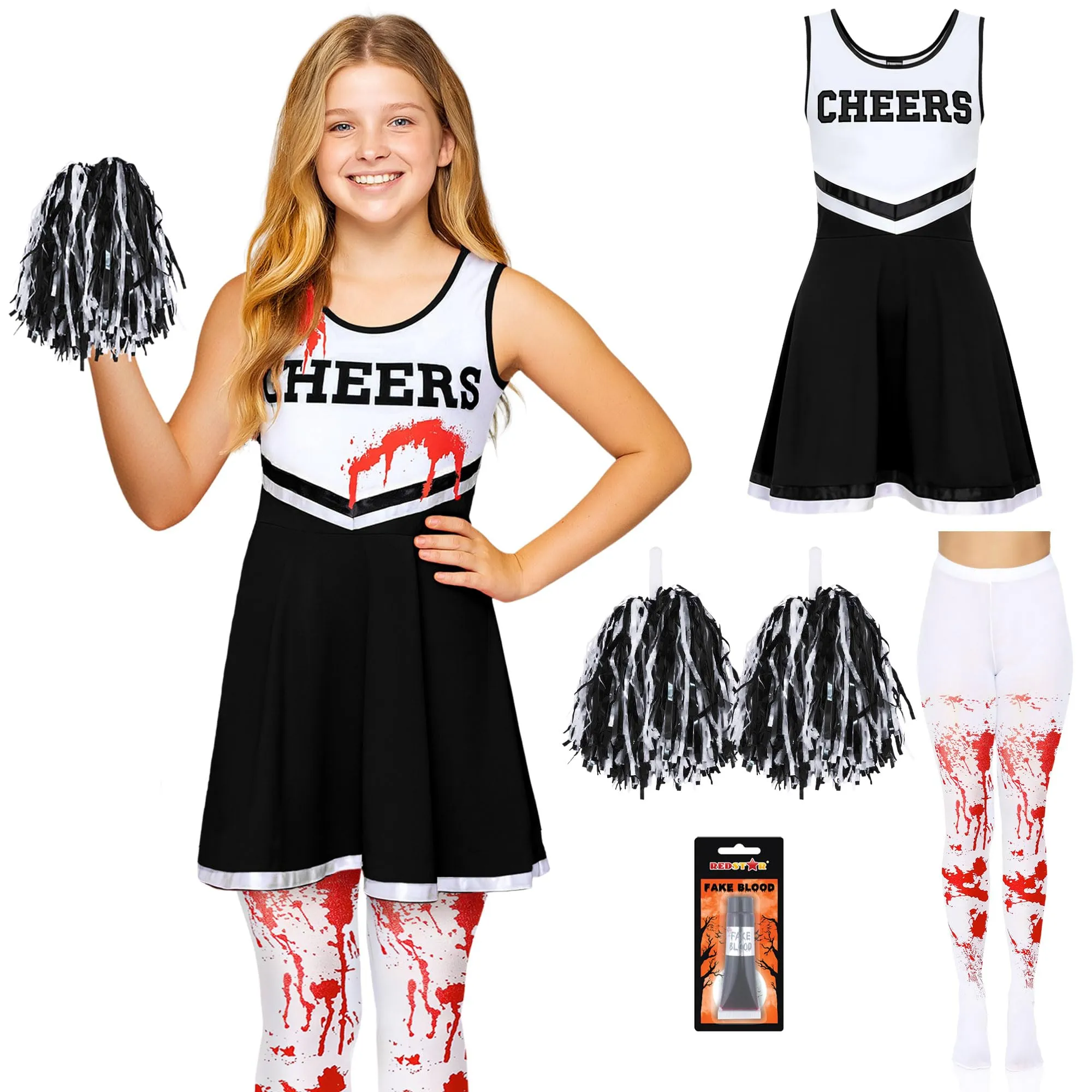 Costume 3 pezzi da cheerleader per bambina – Vestito zombie con calze insanguinate – Travestimento scolastico da non-morta per feste spaventose – Outfit per Halloween con dettagli realistici