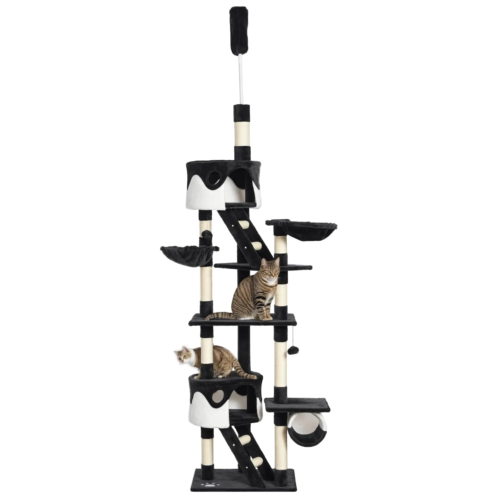 PawHut Tiragraffi per Gatti a Soffitto con Altezza Regolabile 240-260 cm, Albero Tiragraffi per Gatti Multilivello con Cucce, Amache e Scale, Corde in Sisal, Grigio