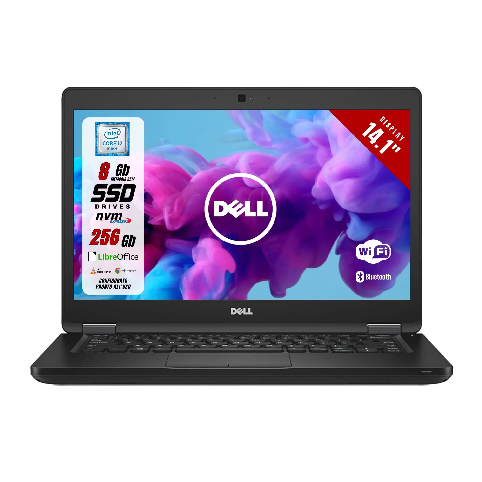 Dell Latitude, Pc Portatile Notebook, Display 14.1" FHD, Intel i7-7600U Dual Core 2.8 Ghz, Ram 8Gb, SSD 256Gb, Libre Office, Windows 11, Tastiera Italiana (Ricondizionato)