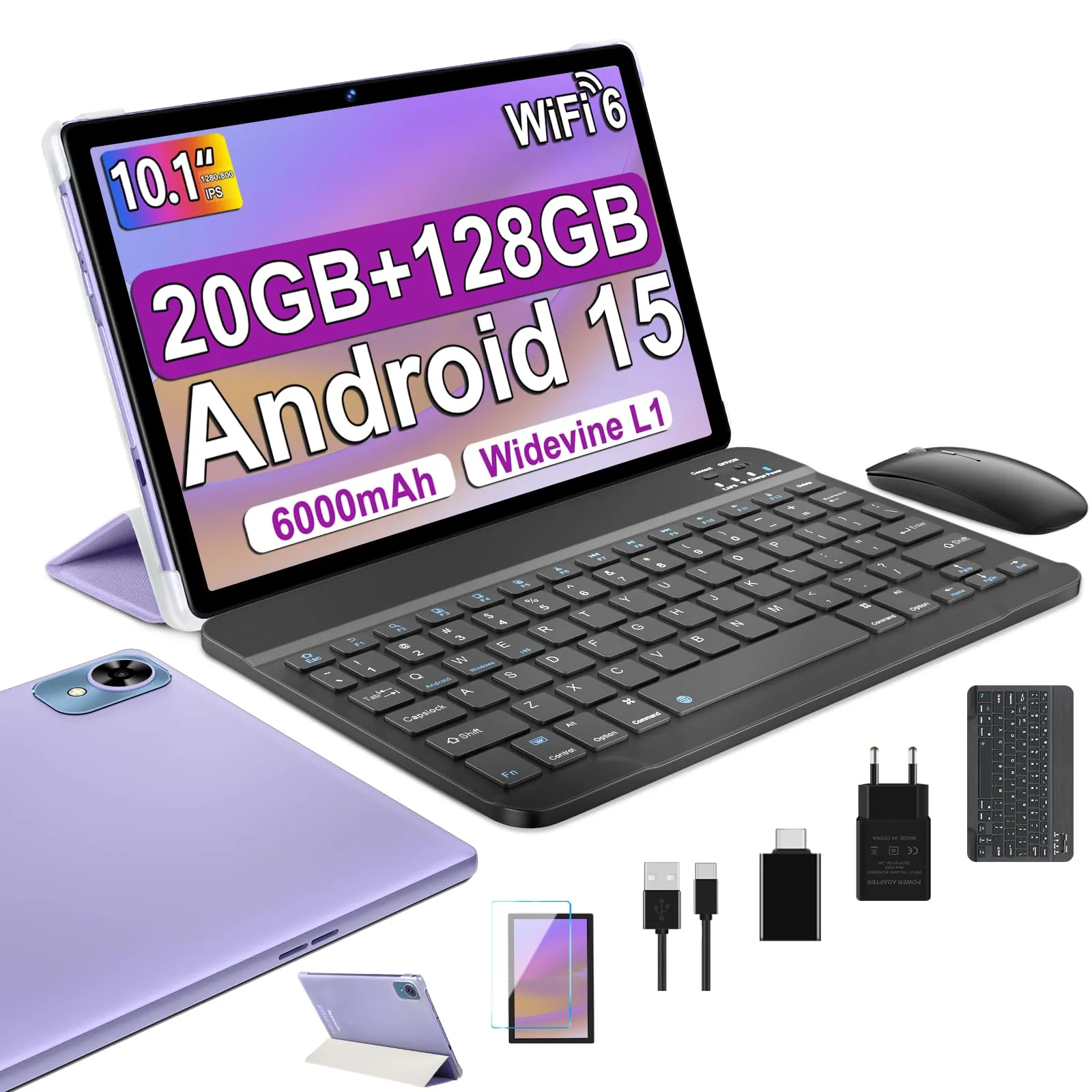 fezawio 2025 Tablet 10 Pollici Android 15 Con 20GB RAM + 128GB ROM (TF/1TB),Widevine L1,1280 * 800 IPS,Octa-Core,GMS, Bluetooth 5.0&5G WiFi 6,5MP + 8MP,Tablet PC Con Custodia, Tastiera e Mouse,Viola