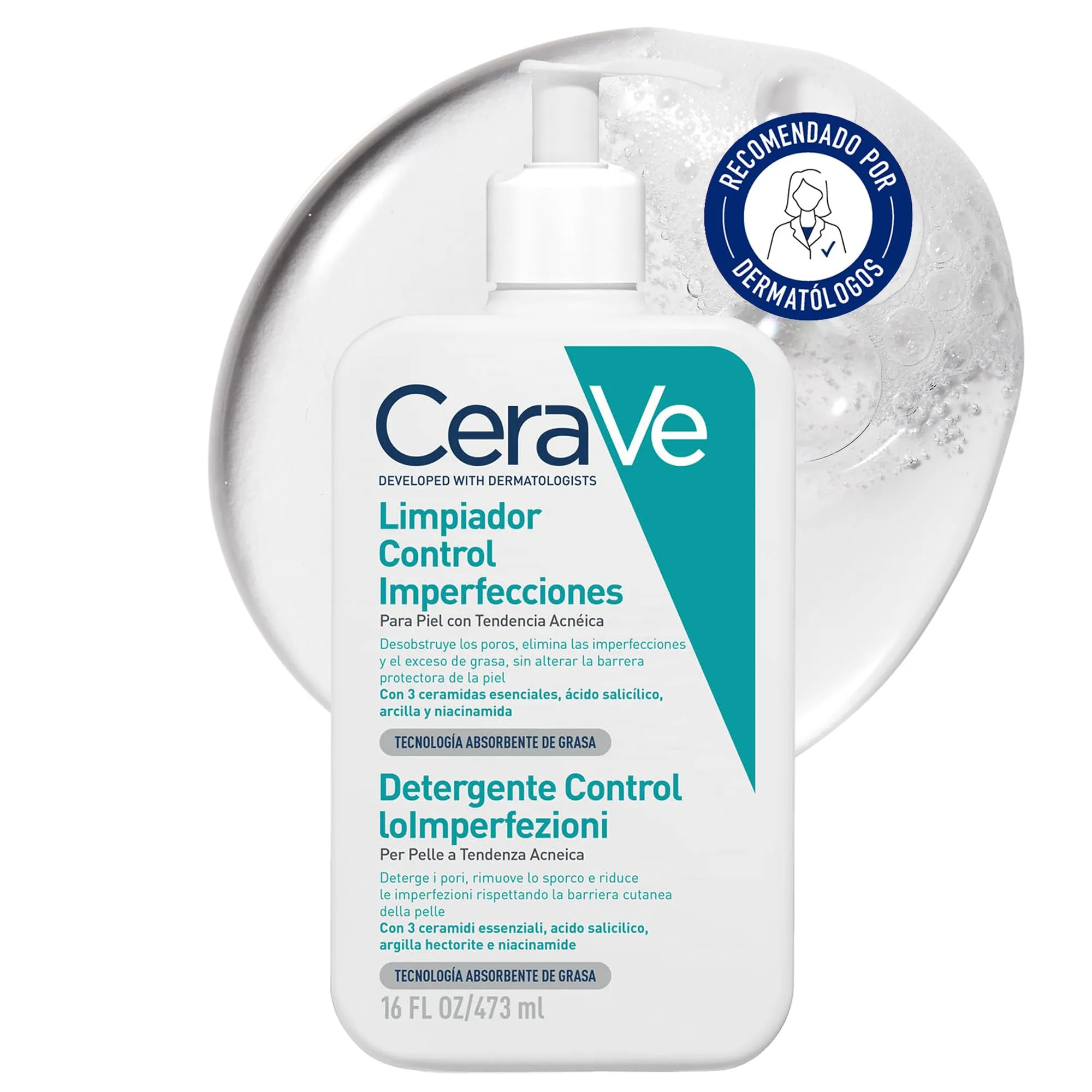 CeraVe Detergente Controllo Imperfezioni, Per Pelle Grassa con Tendenza Acneica, Azione Purificante, Imperfezioni Ridotte, Con Acido Salicilico e Argilla Purificante, 473 ml