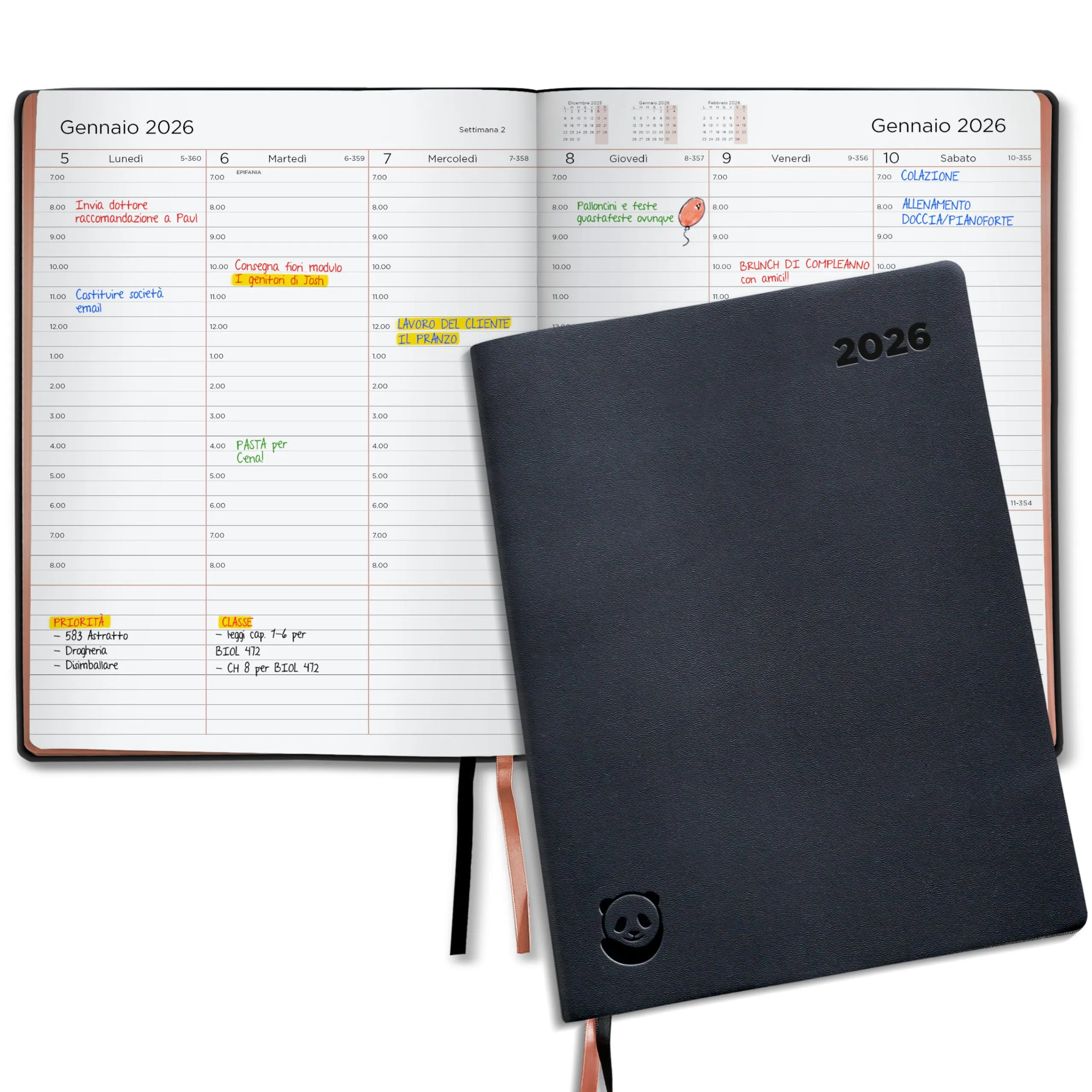 Diario Premium 2026 Smart Panda - A4 Agenda 2026 Settimanale, Argento – Copertina Morbida, Confezione Regalo – Agenda Appuntamenti, Intervalli di 30 Minuti - in Italiano