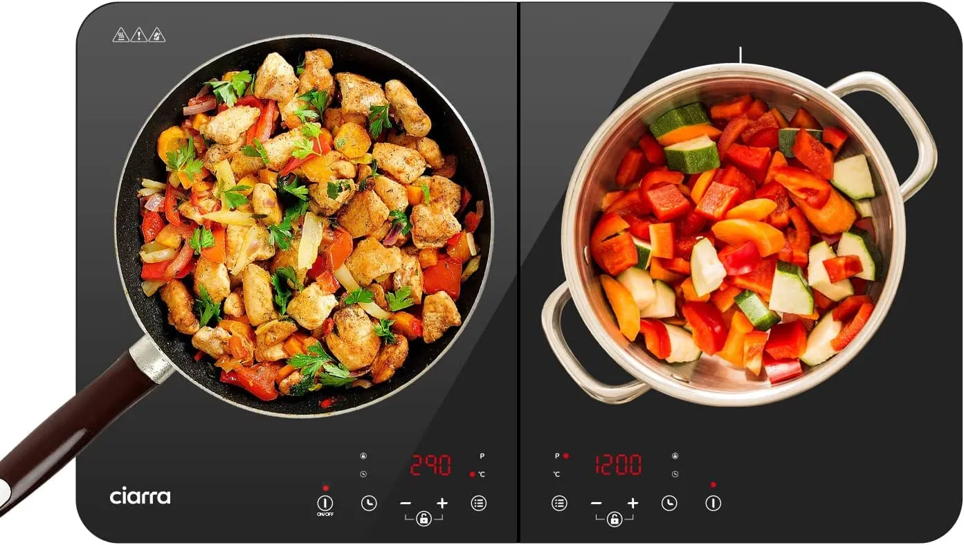 CIARRA CBTIH2 Doppio Piano Cottura a Induzione 3500 W Piastra Induzione 9 Livelli Pannello Controllo Touch Interruttore Sicurezza Multiplo Timer Automatico Blocco Bambini Nero