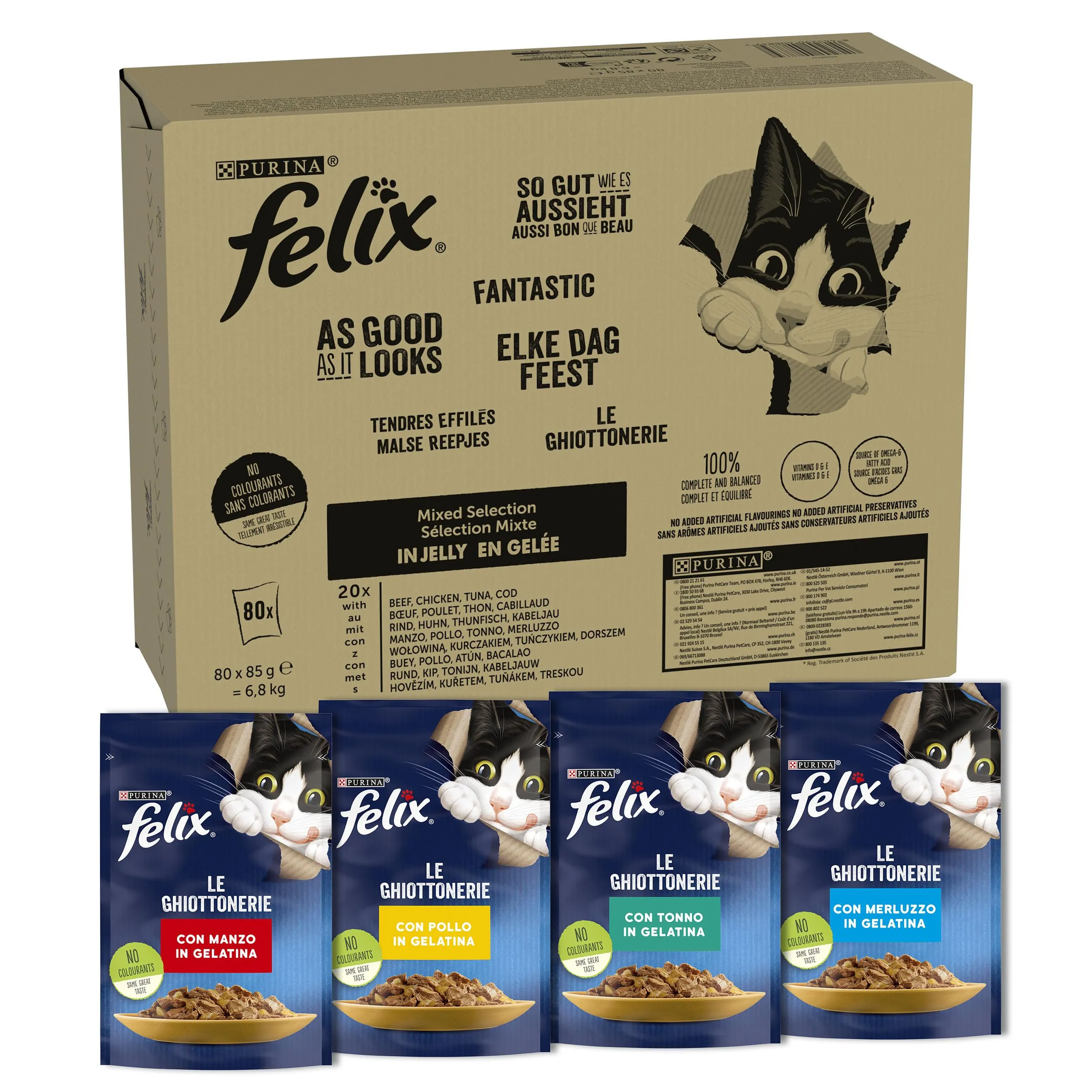 FELIX Le Ghiottonerie - Cibo Umido Gatto Adulto, Bocconcini in Gelatina con Manzo, Pollo, Merluzzo, Tonno. 80 Buste da 85 g