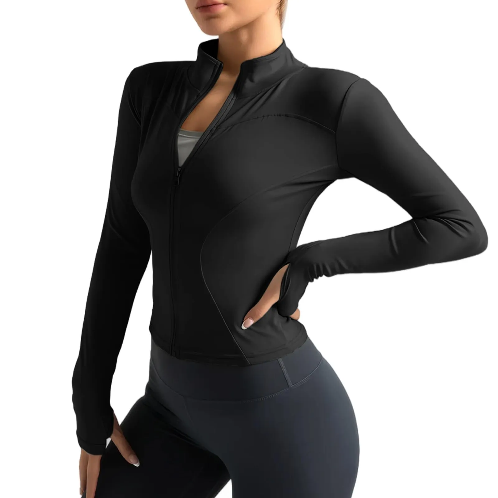 Neteson Maglietta Sportiva Donna a Manica Lunga T Shirt Fitness Yoga Corsa Crop Top Sport Athletic Gym Maglia Running Palestra con Zip e Pollice Foro