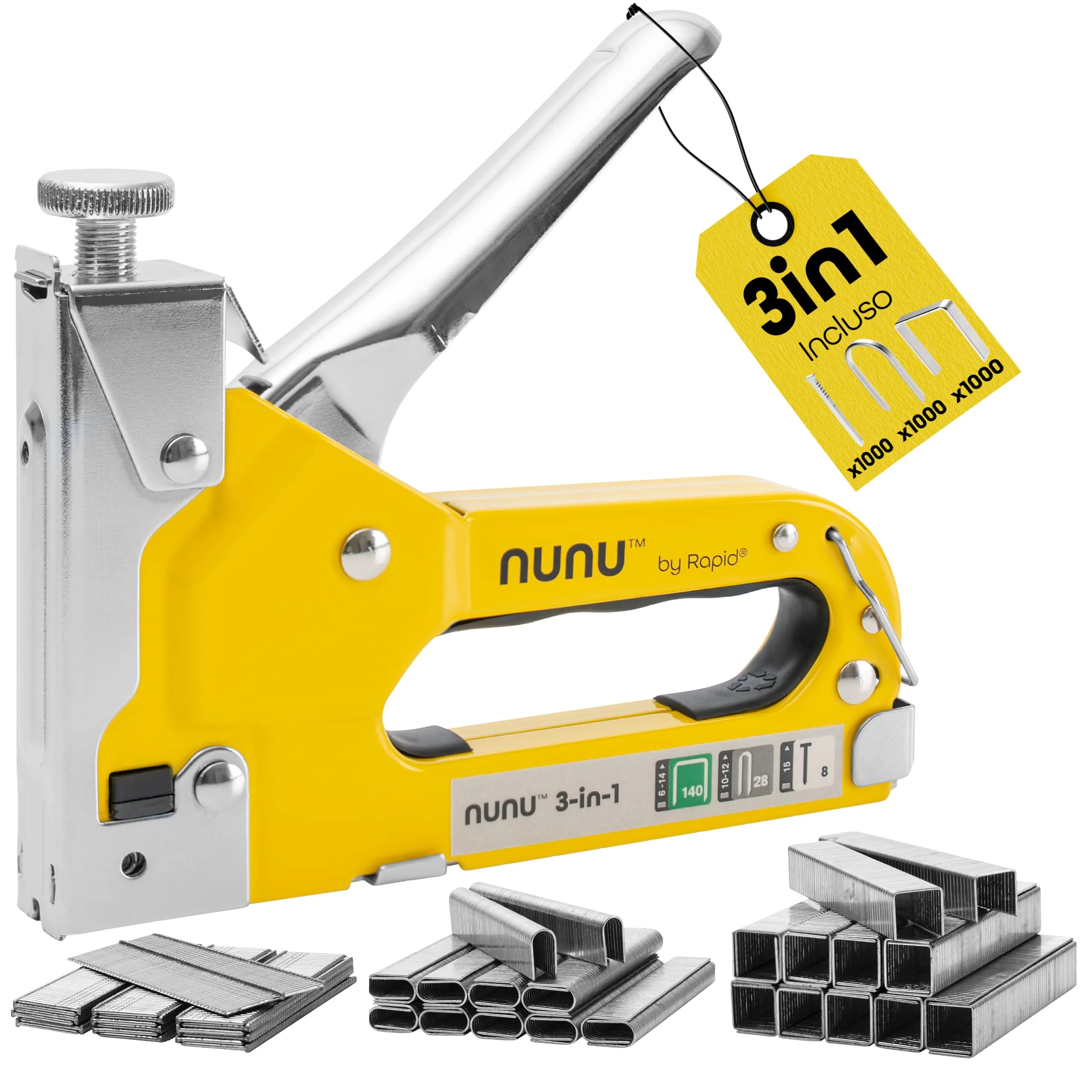 Rapid NUNU Pistola Sparapunti 3 in 1 per Lavori su Legno, Tappezzeria, Tappeti e Cavi, con Potenza Regolabile e Design Ergonomico, include 3.000 Punti Metallici e Borchie