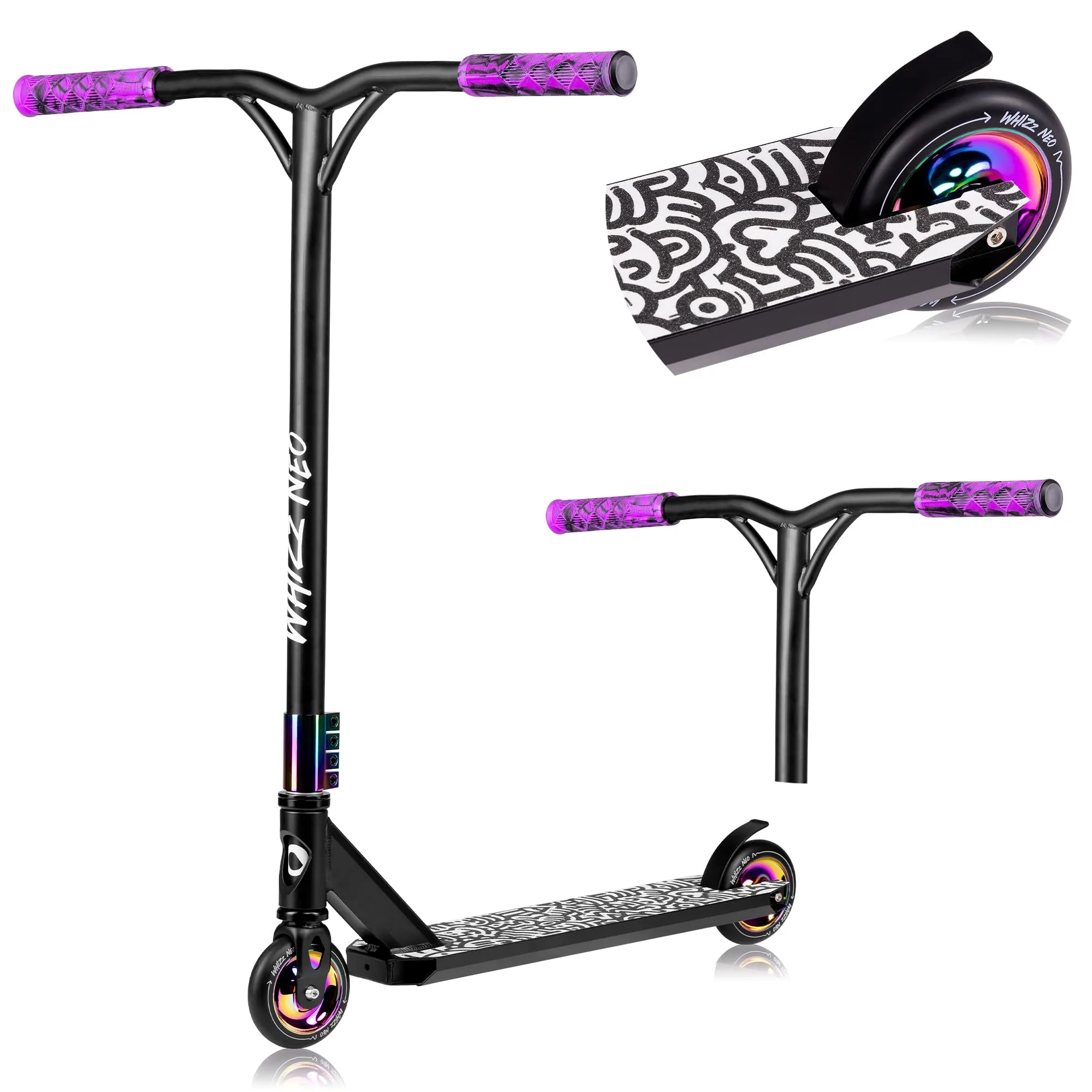 LIONELO Whizz Monopattino Stunt Scooter Freestyle, Cuscinetti ABEC-9 Deck in Alluminio Sistema di Compressione HIC Ruote da 110 mm Manubrio a T Largo, Freno Flex Fender MN Steel, Design Unico (Neon)