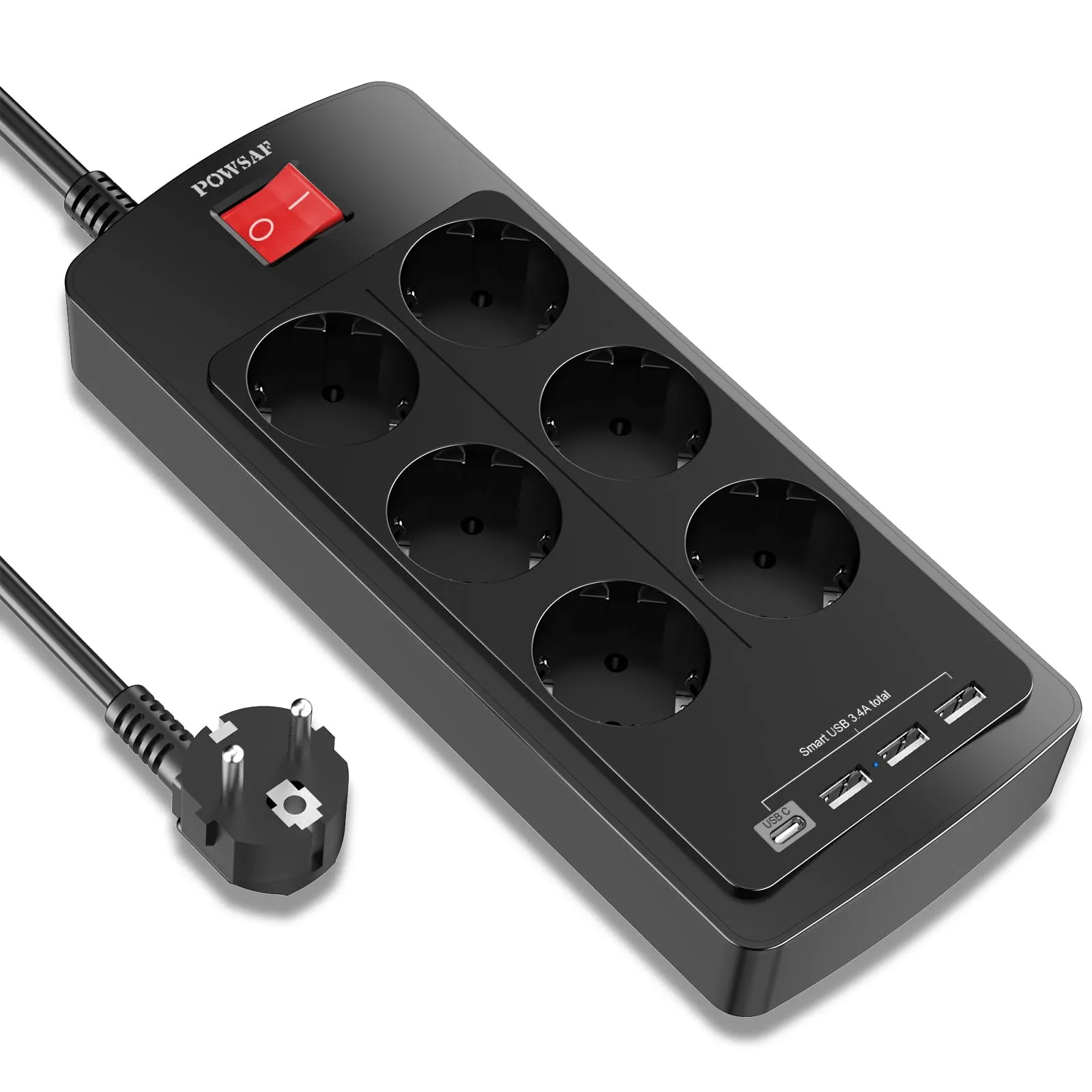 POWSAF Regleta di prese con porta USB-C, 4 prese di corrente, 3 porte USB-A e 1 porta USB-C, con interruttore, adatta per il lavoro da casa - Nero.