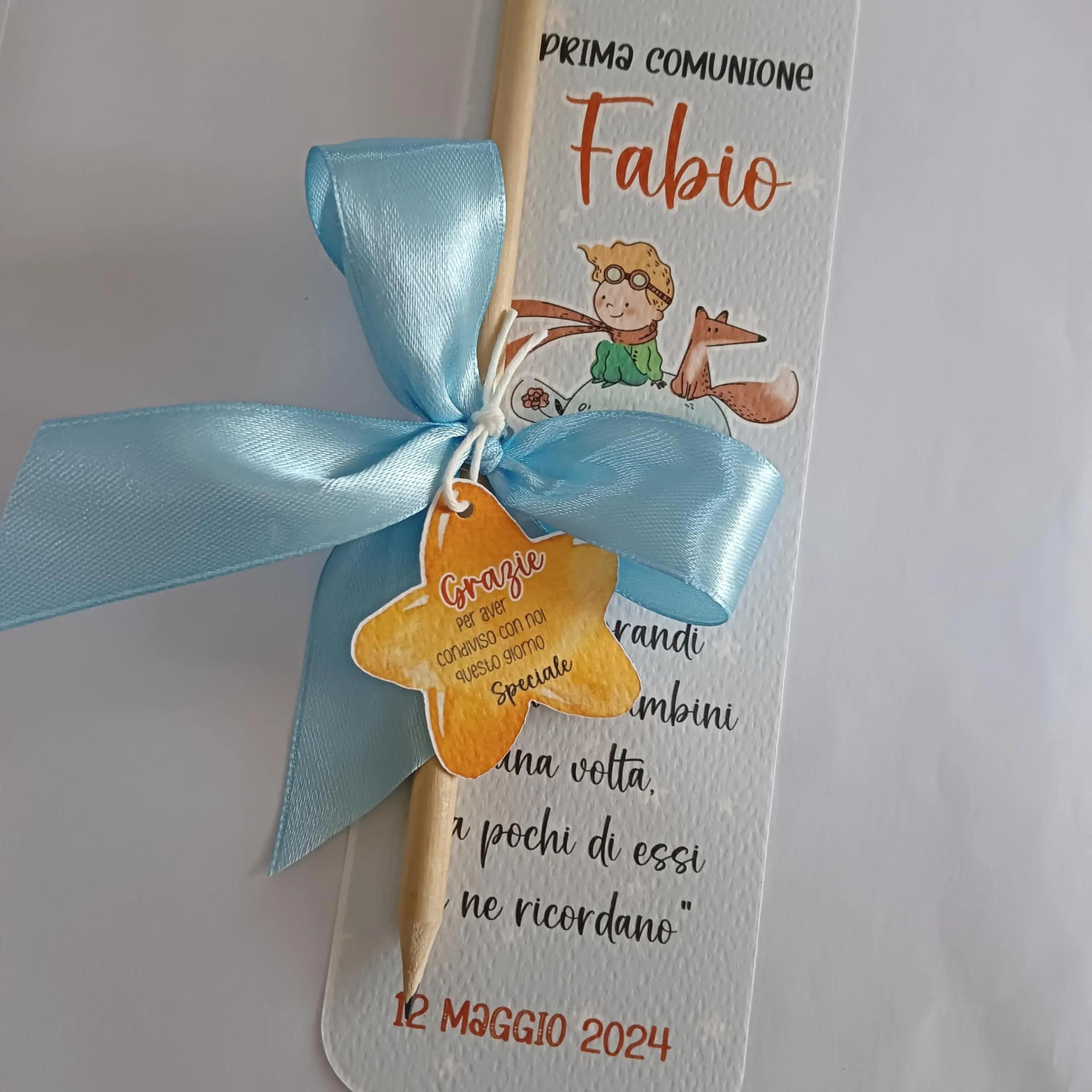 10 Segnalibro o segnaposto Prima Comunione bambino compreso di matita tema Piccolo Principe