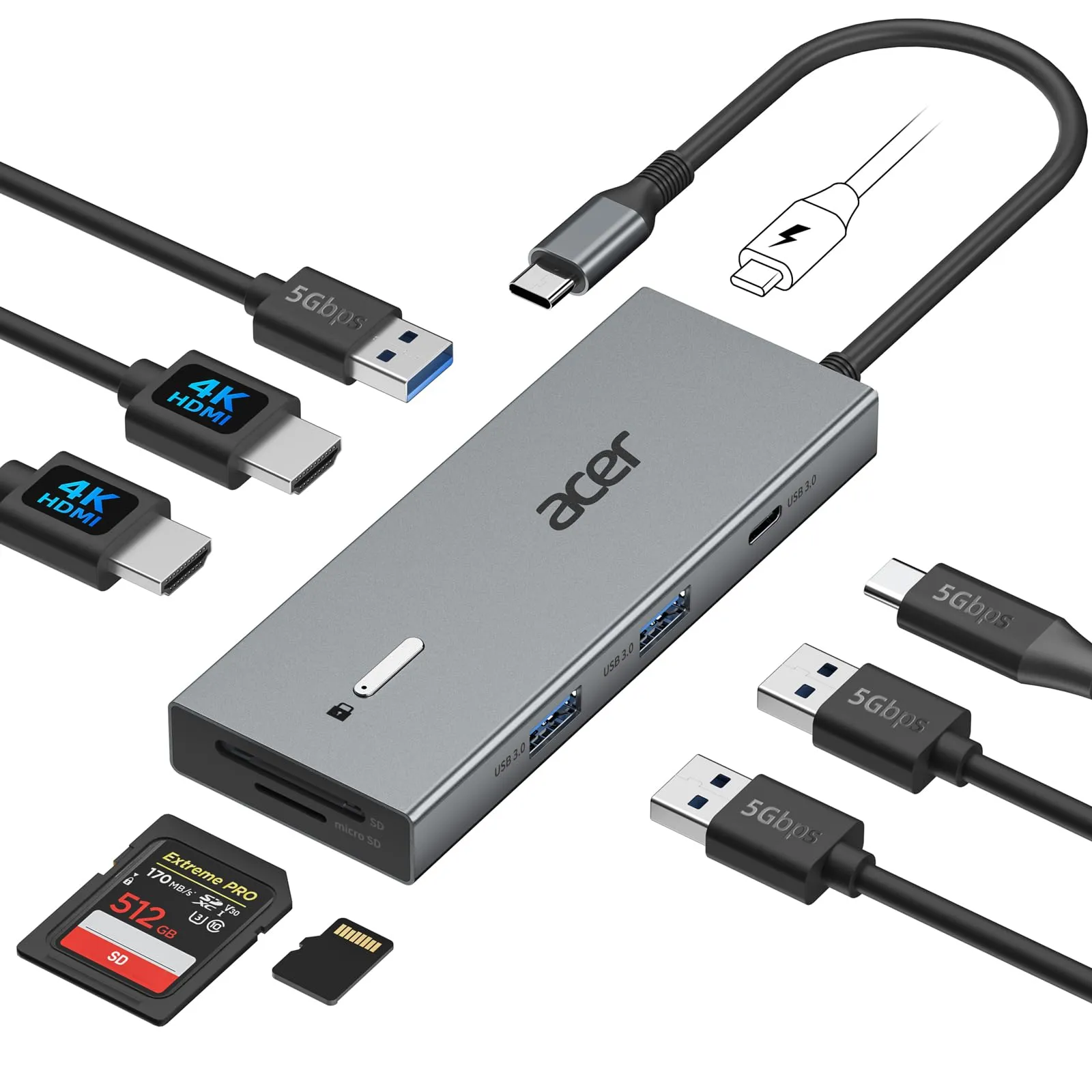 Acer Docking Station Dual HDMI, 9IN1 Hub USB C a 2 HDMI 4K@60Hz, USB-A&C 5Gbps, 100W PD, lettore di schede SD/TF, multiport per 2 schermi, Dell, Chromebook, MacBook Air/Pro ecc.