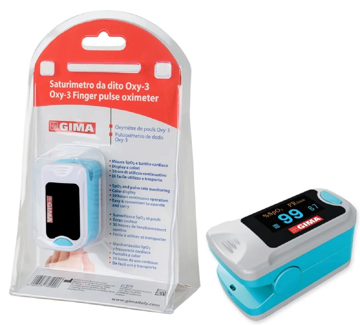 GIMA SATURIMETRO Oxy-3 Pulsossimetro da Dito Portatile, Misura il Livello di Ossigeno nel Sangue e il Battito Cardiaco, 2 pile Incluse, Display SpO2 Orientabile
