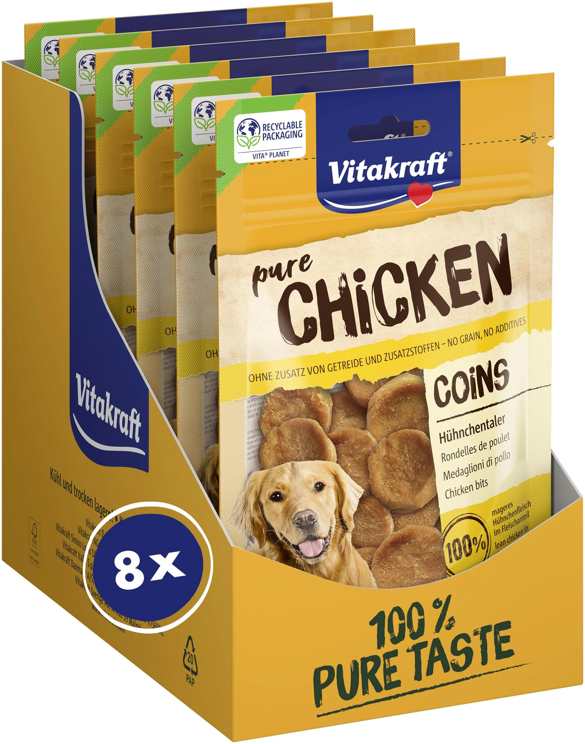 Vitakraft medaglioni di pollo, leccornie per cani, succulenti medaglioni di pollo, con carne magra di pollo, in sacchetto richiudibile, senza l'aggiunta di zucchero e cereali (8x 80g)