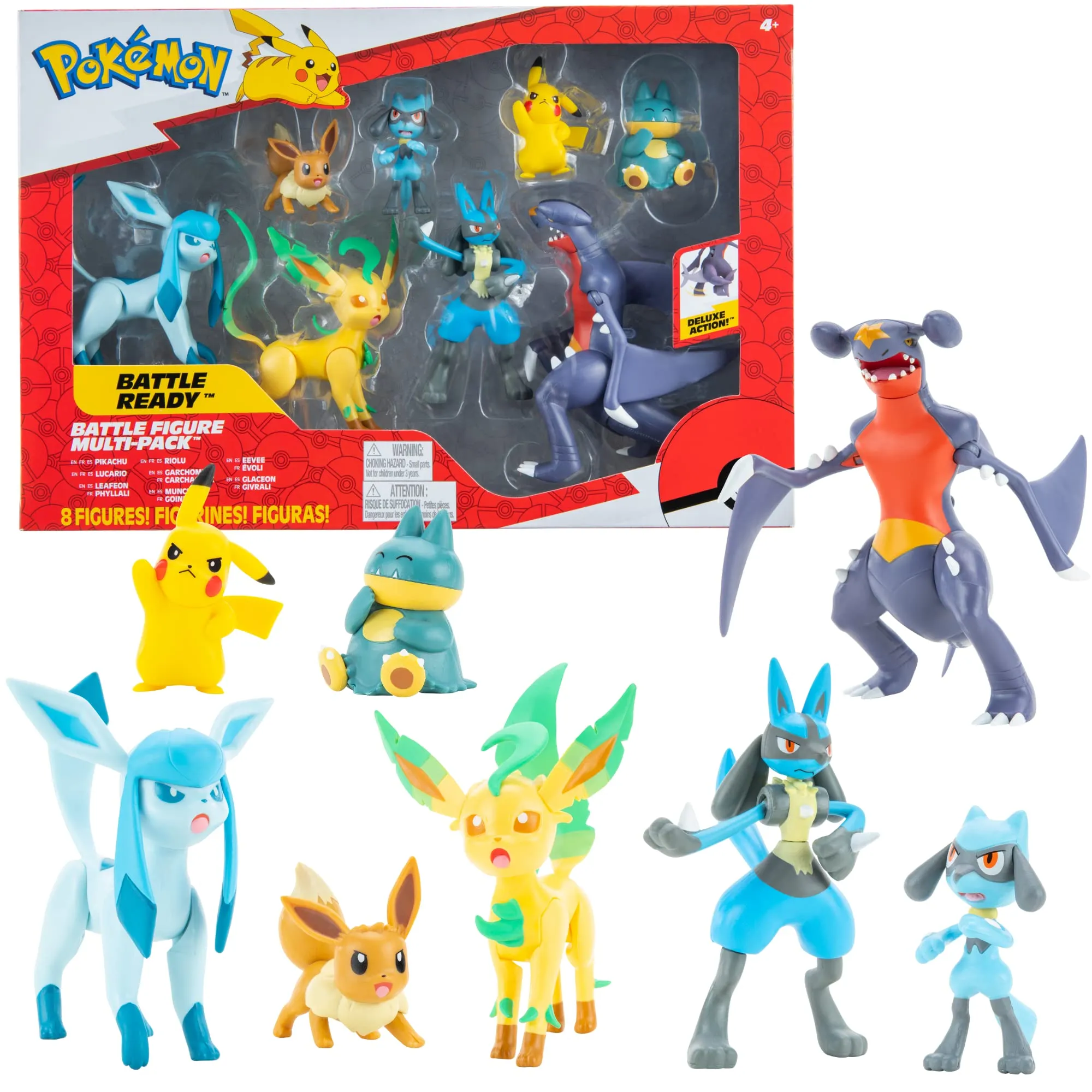 Pokemon Personaggi Set 8Pack 5-11 cm – Pokemon Giochi Nuovo 2023 – Garchomp, Pikachu, Eevee, Lucario, Riolu, Munchlax, Glaceon & Leafeon -Figurine Pokemon Action Figure - Ufficiale Pokemon Giocattoli